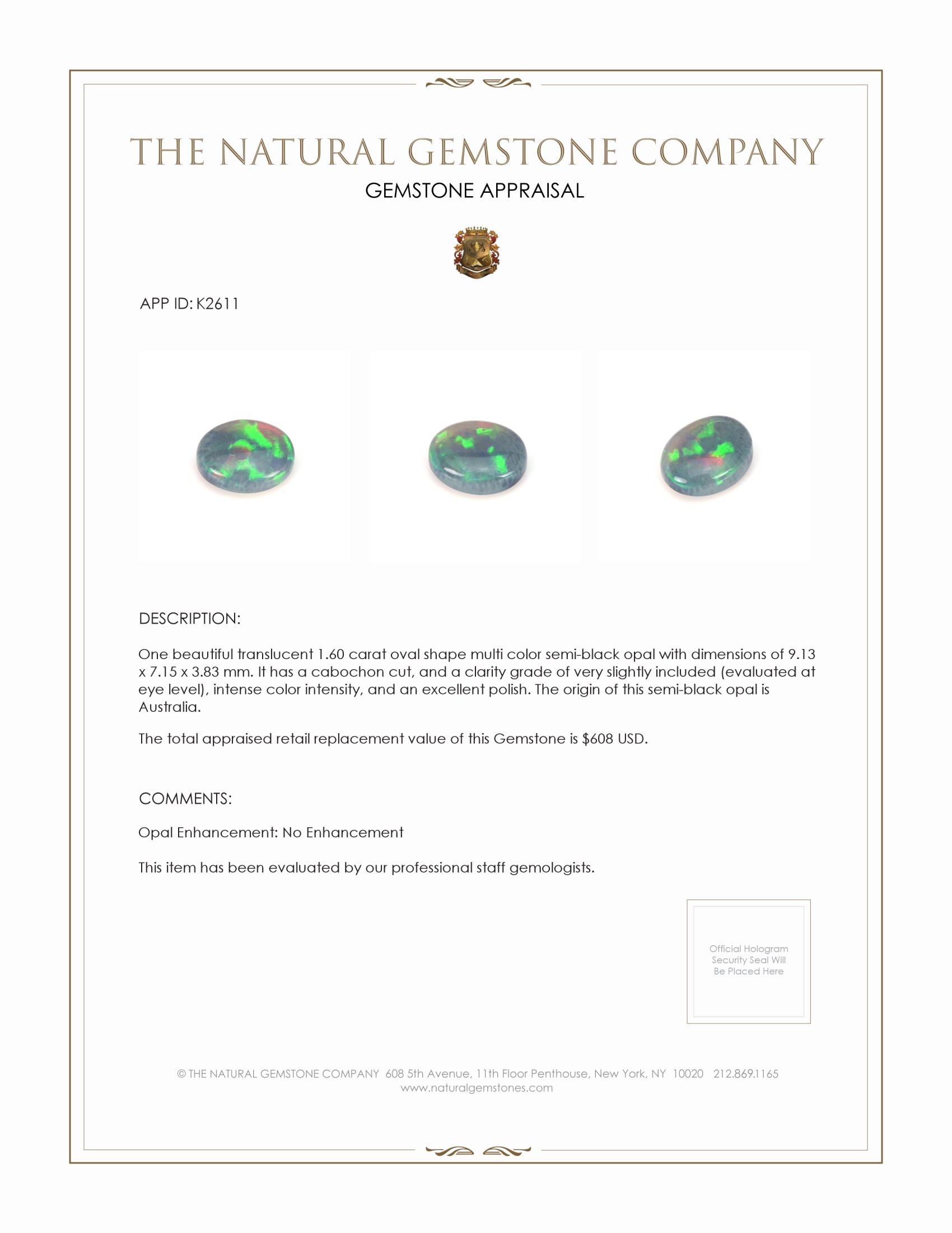 1.60 Ct. Cabochon Semi-Black Opal from Australia