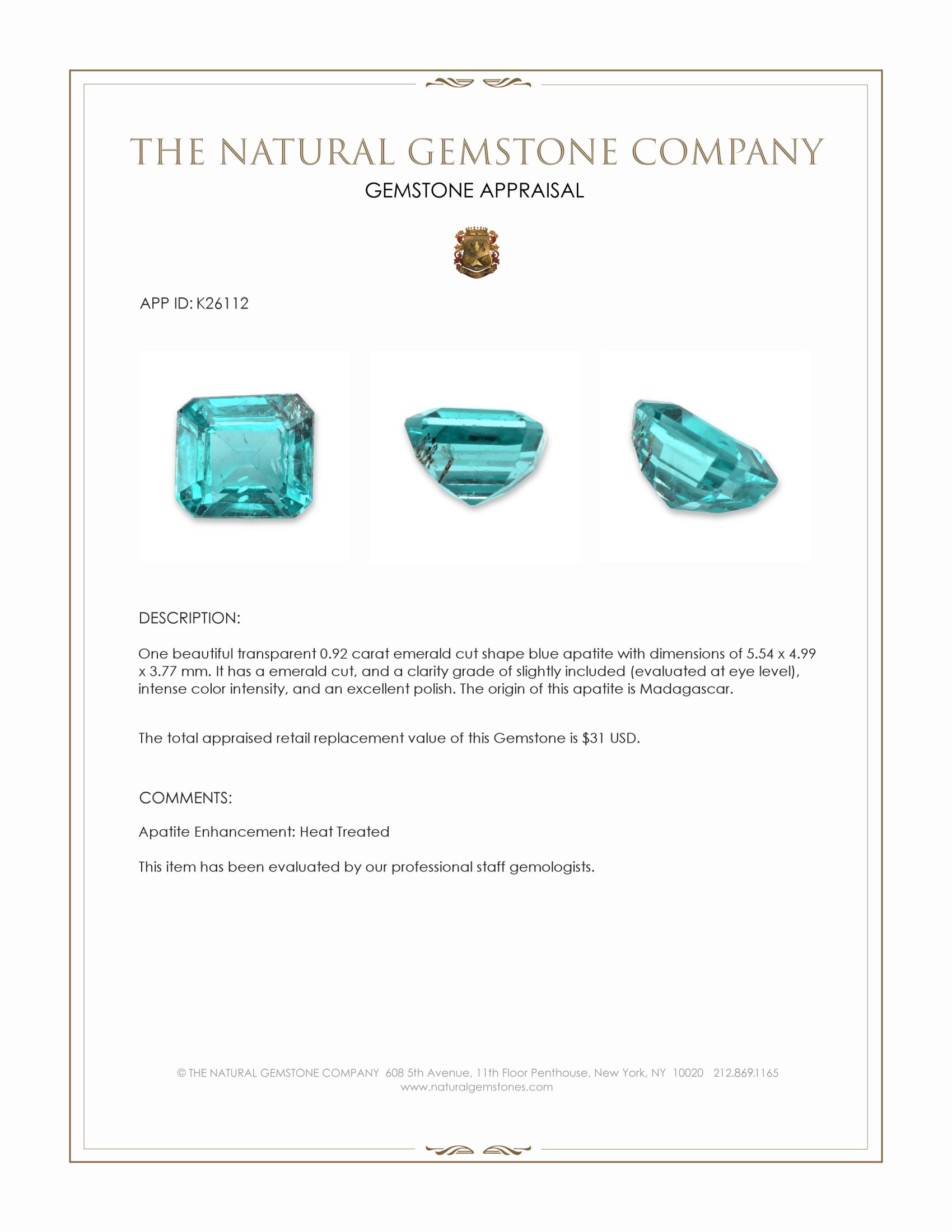 0.92 Ct. Blue Apatite from Madagascar