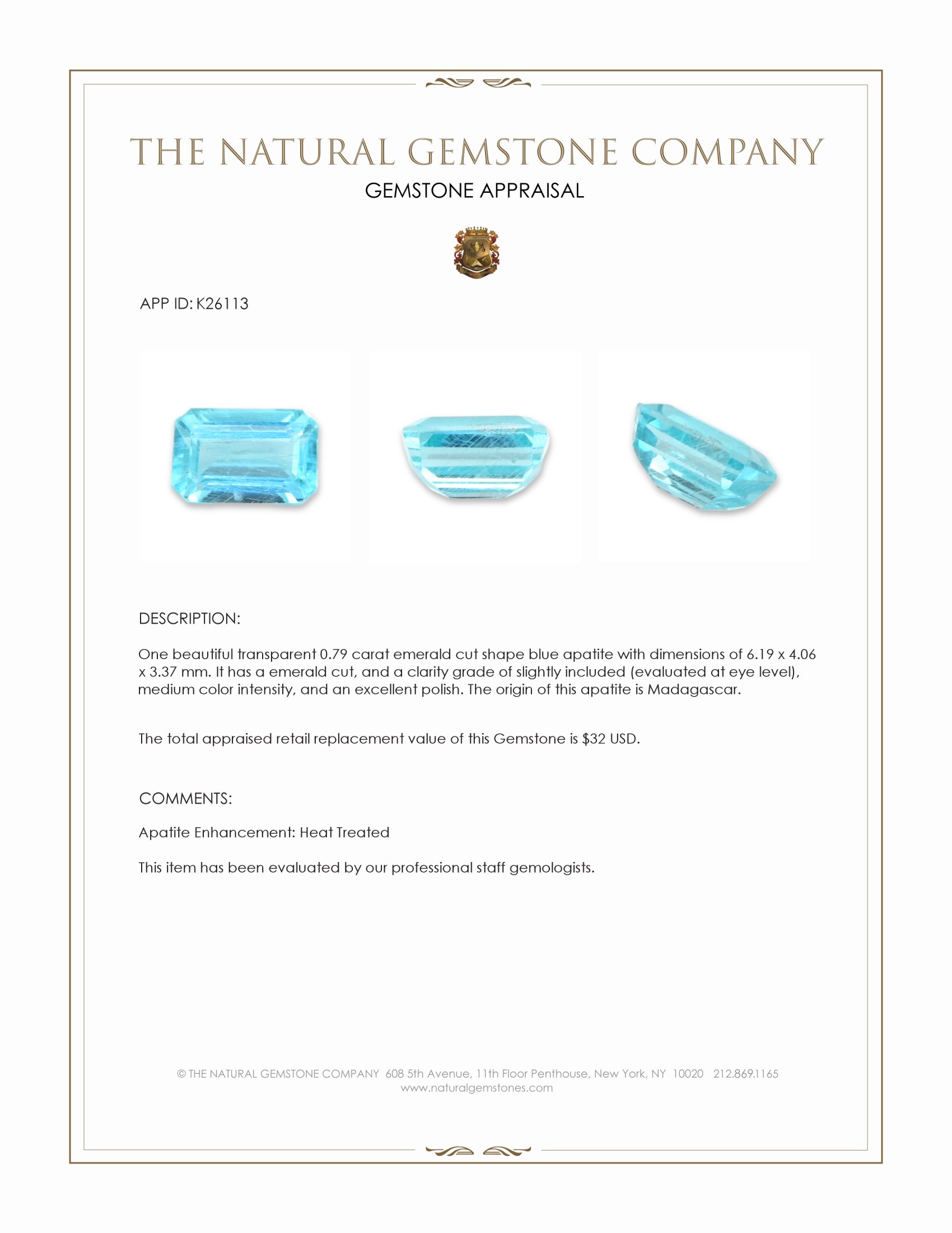 0.79 Ct. Blue Apatite from Madagascar