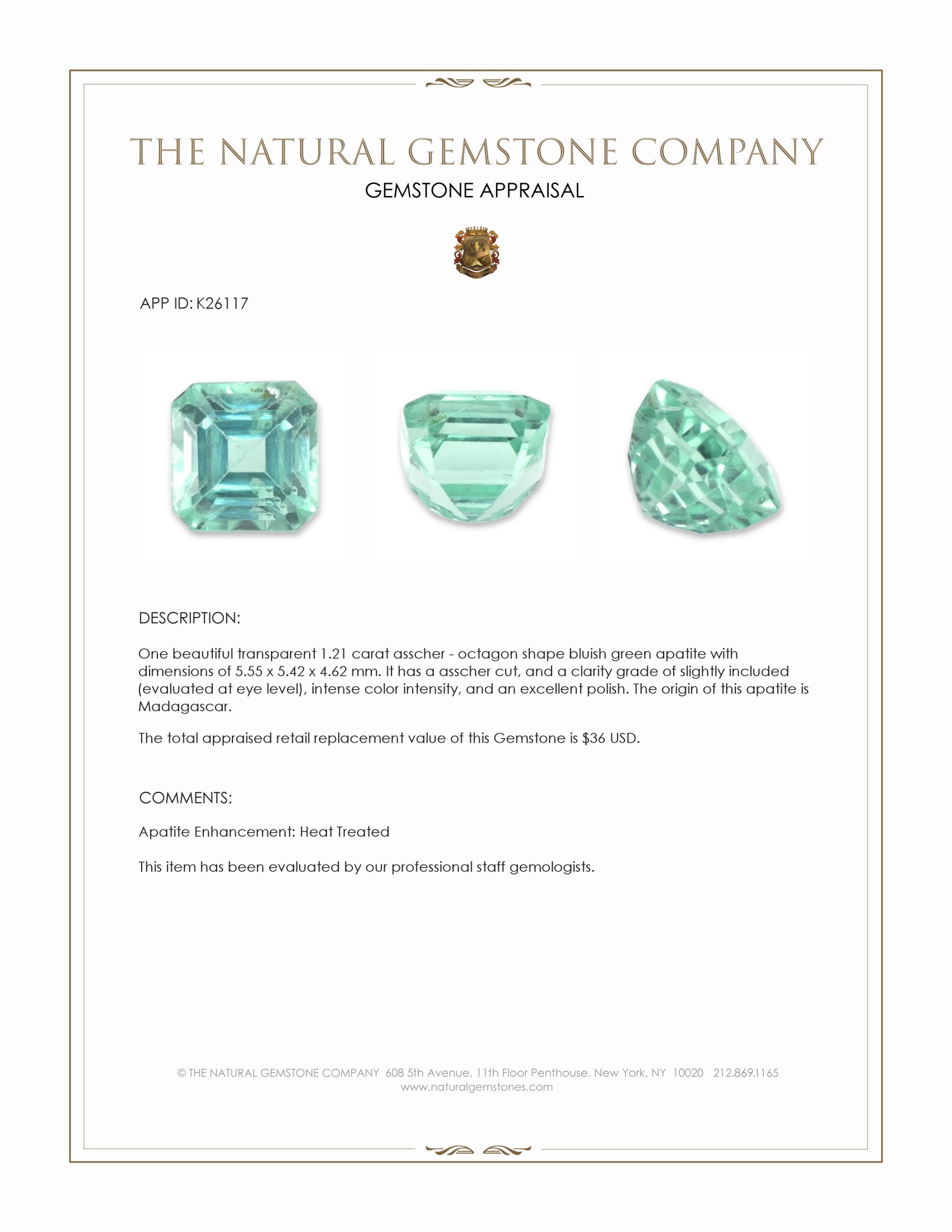 1.21 Ct. Bluish Green Apatite from Madagascar