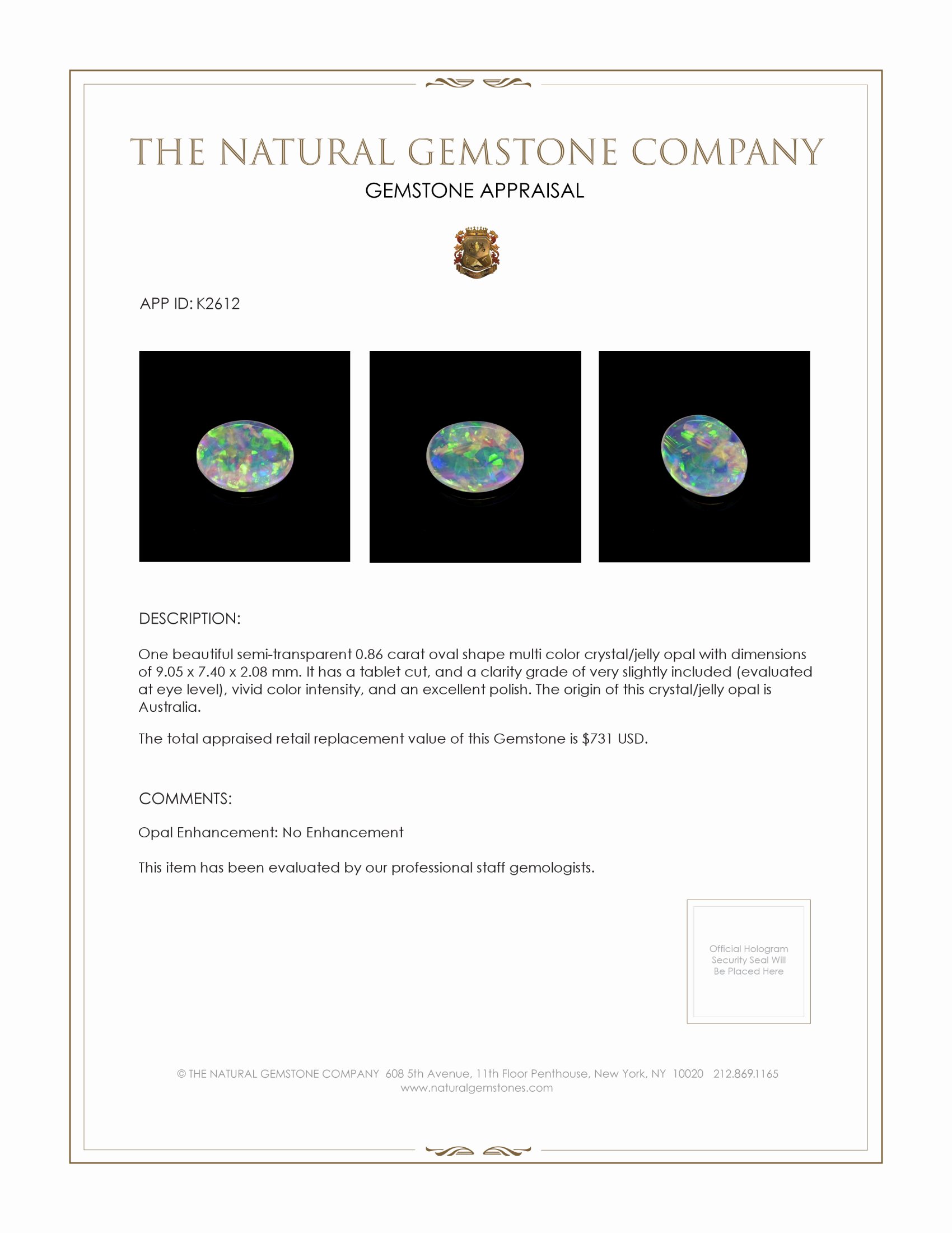 0.86 Ct. Crystal/Jelly Opal from Australia