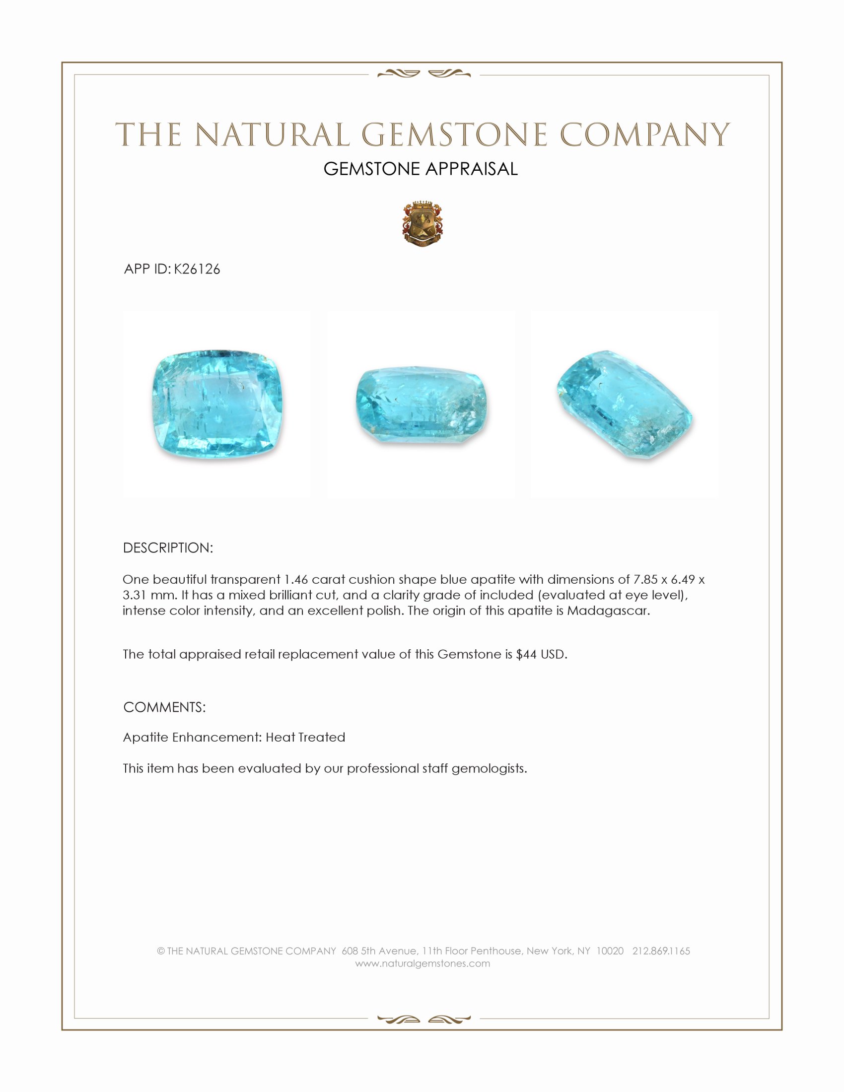 1.46 Ct. Blue Apatite from Madagascar