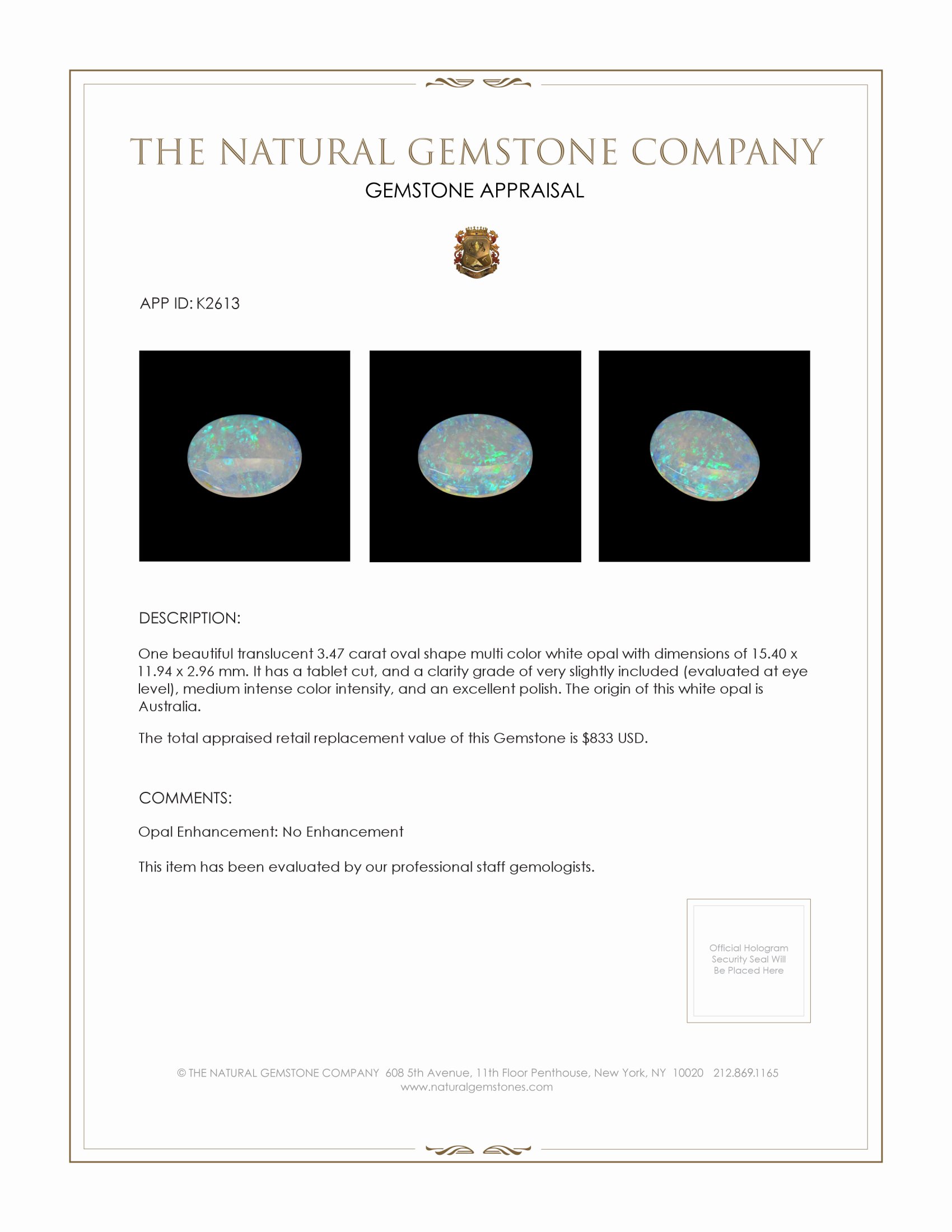 3.47 Ct. Multi Color White Opal (Light Opal) from Australia