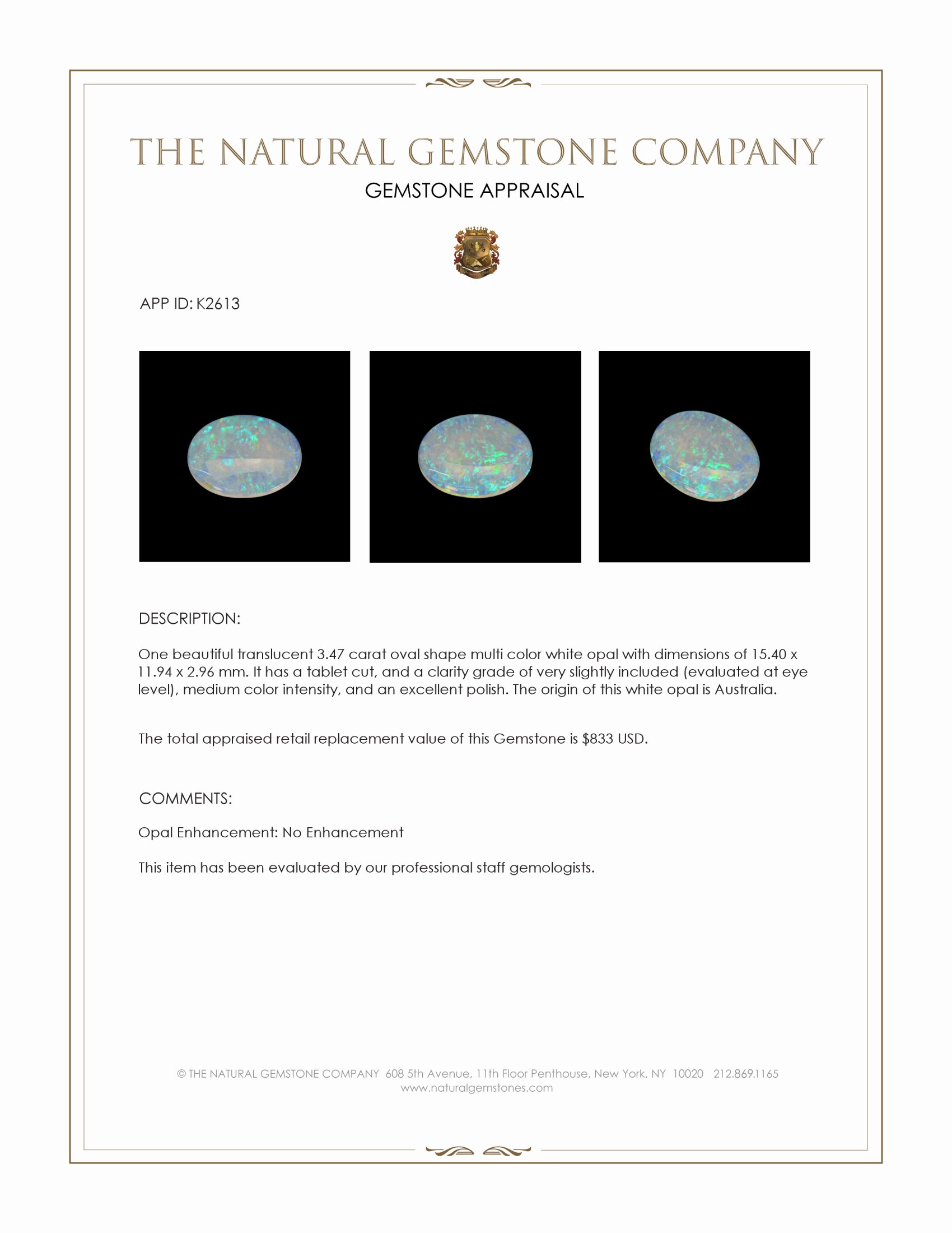 3.47 Ct. White Opal from Australia