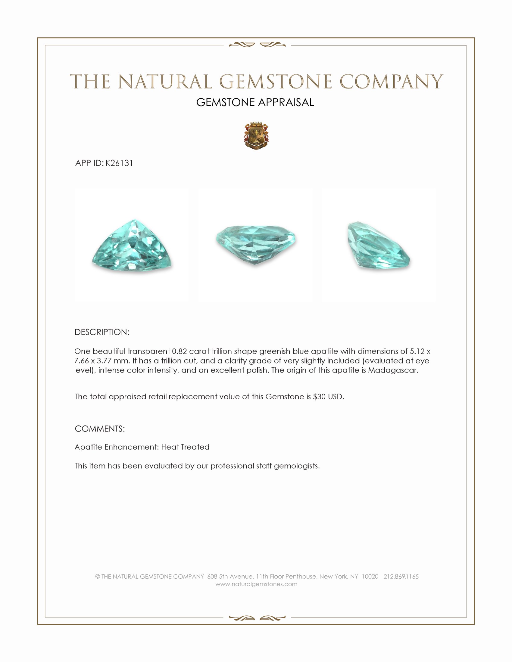 0.82 Ct. Greenish Blue Apatite from Madagascar