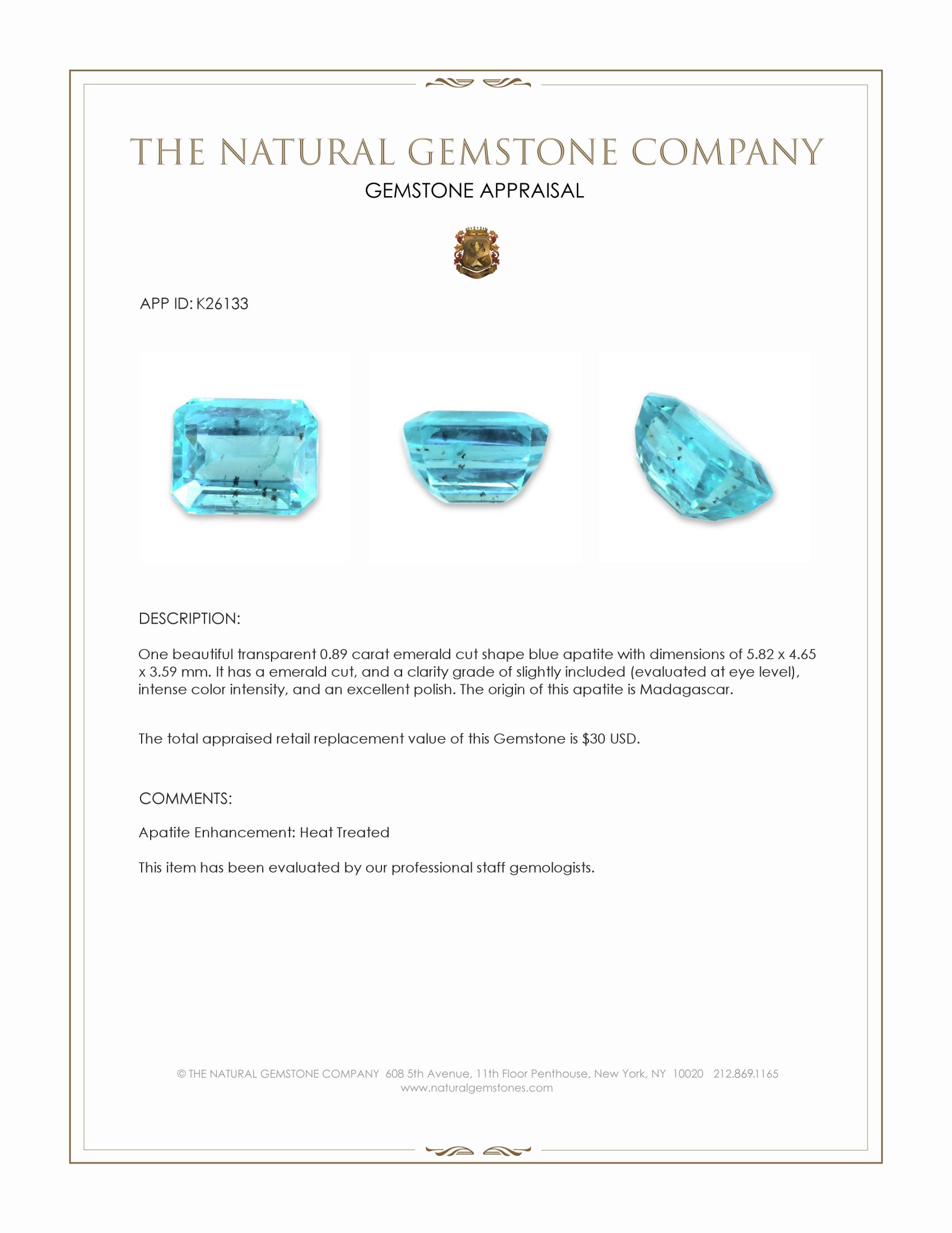 0.89 Ct. Blue Apatite from Madagascar