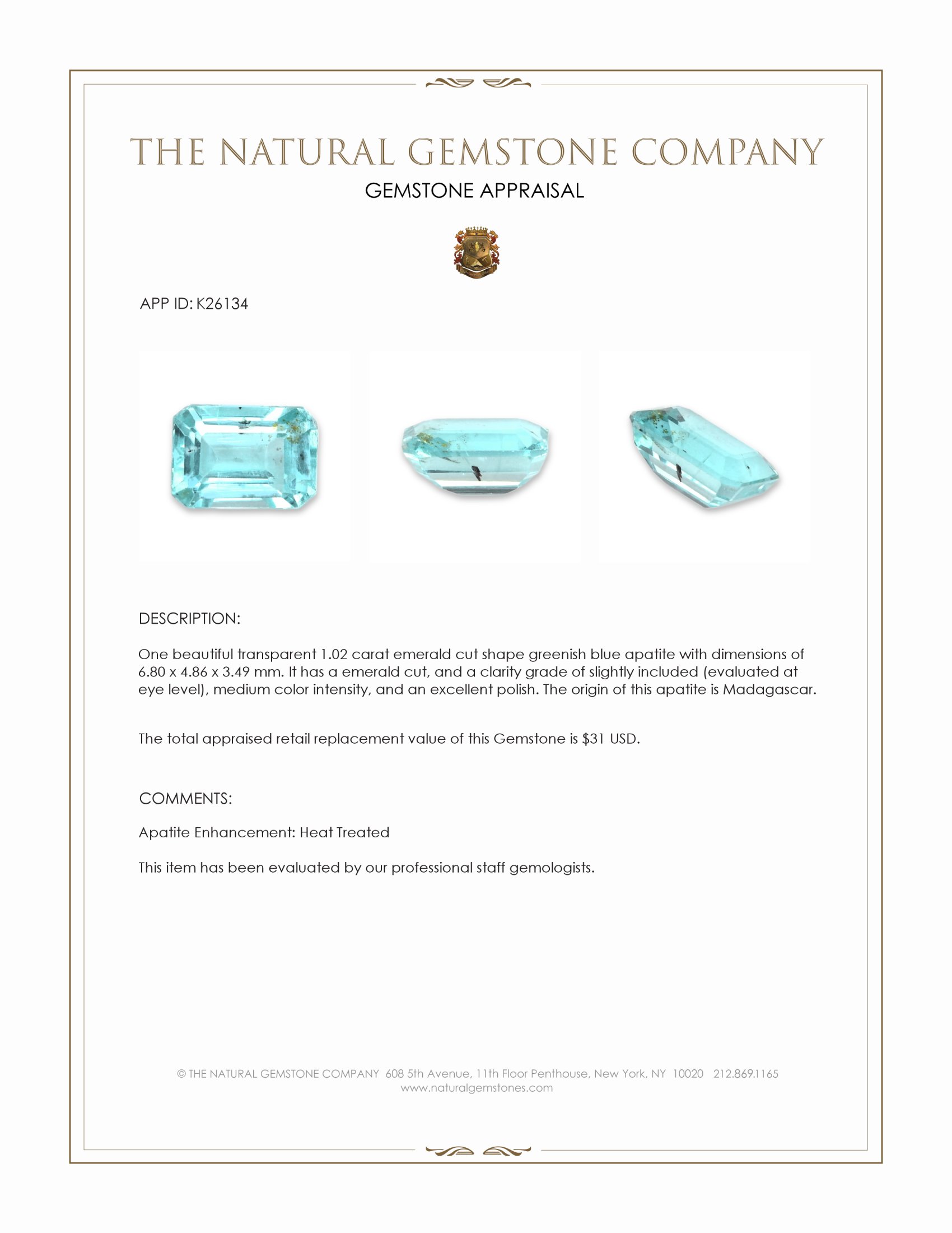 1.02 Ct. Greenish Blue Apatite from Madagascar