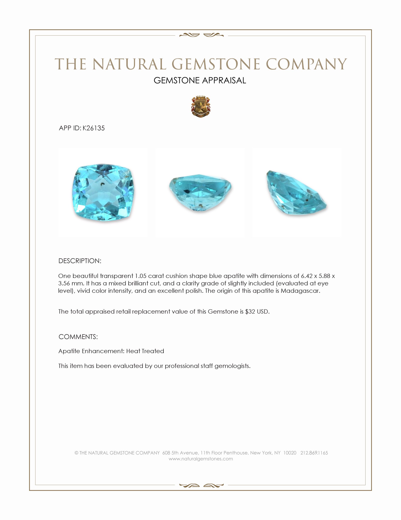 1.05 Ct. Blue Apatite from Madagascar