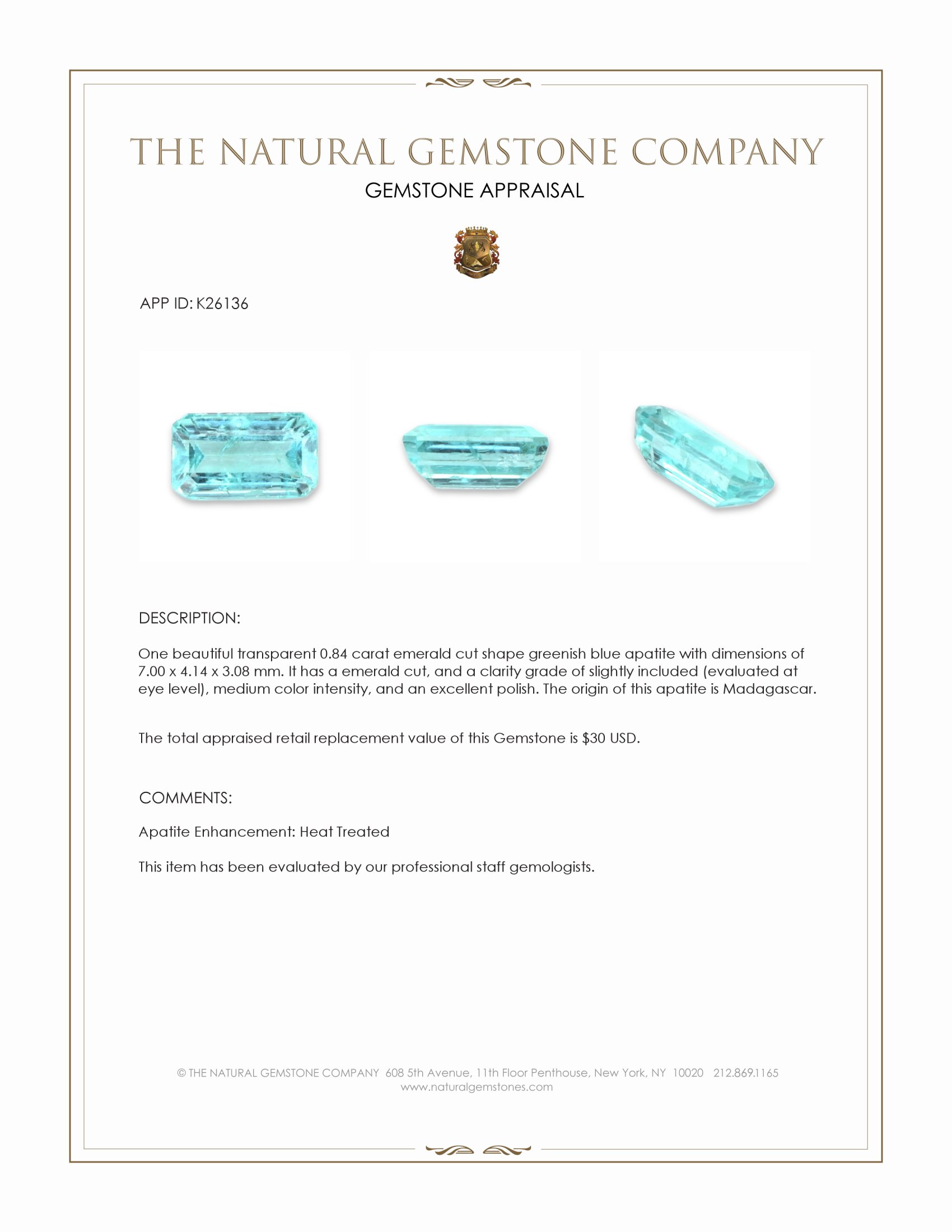 0.84 Ct. Greenish Blue Apatite from Madagascar