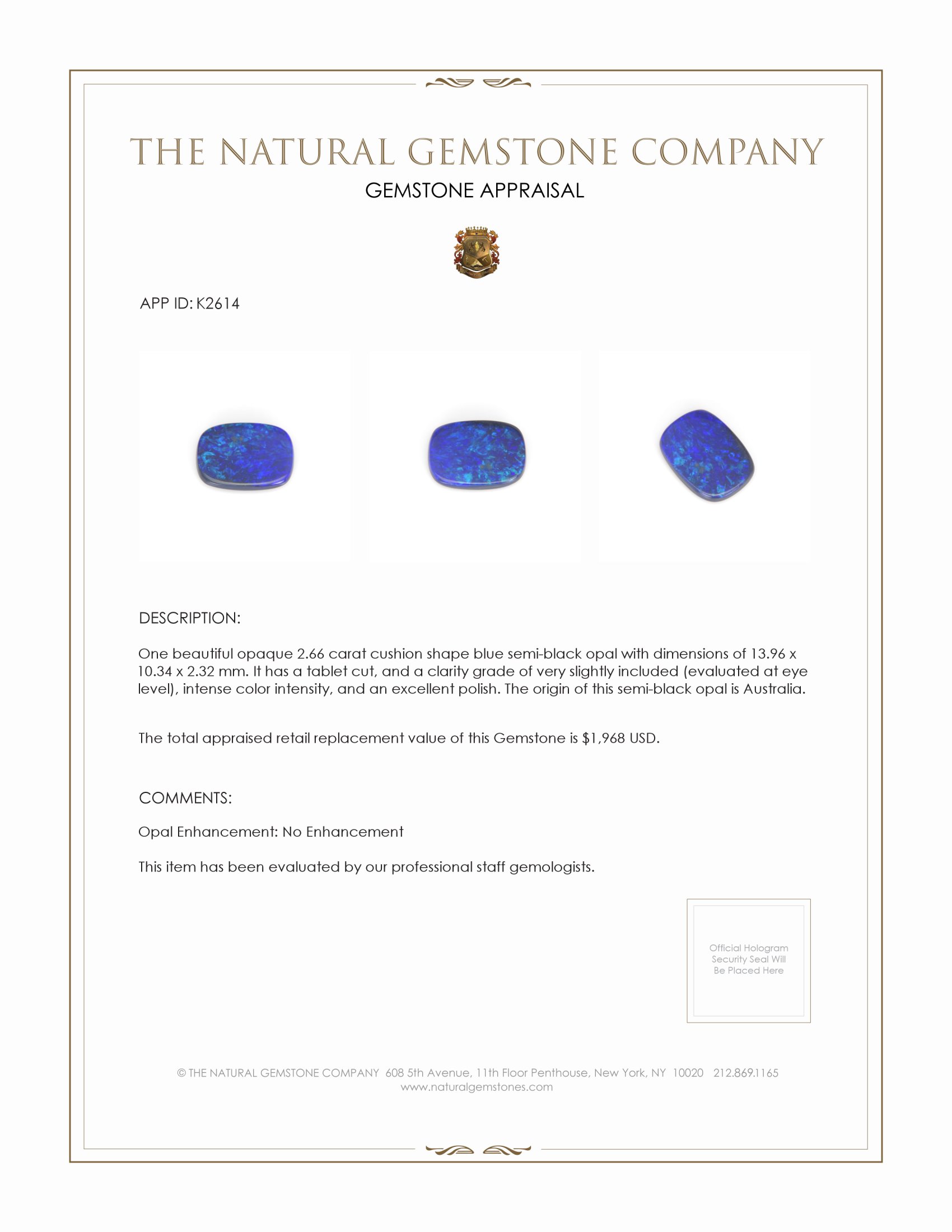 2.66 Ct. Semi-Black Opal from Australia