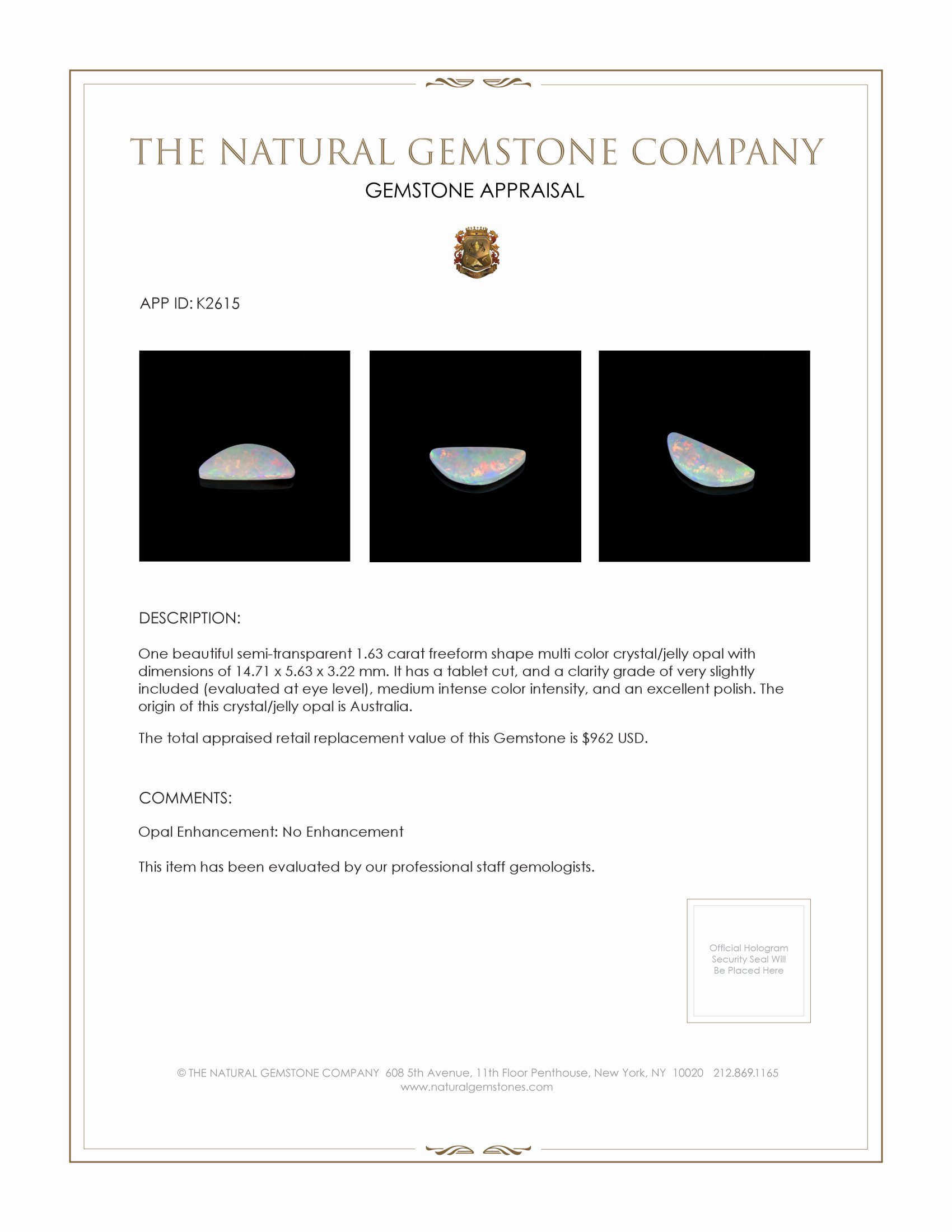 1.63 Ct. Crystal/Jelly Opal from Australia