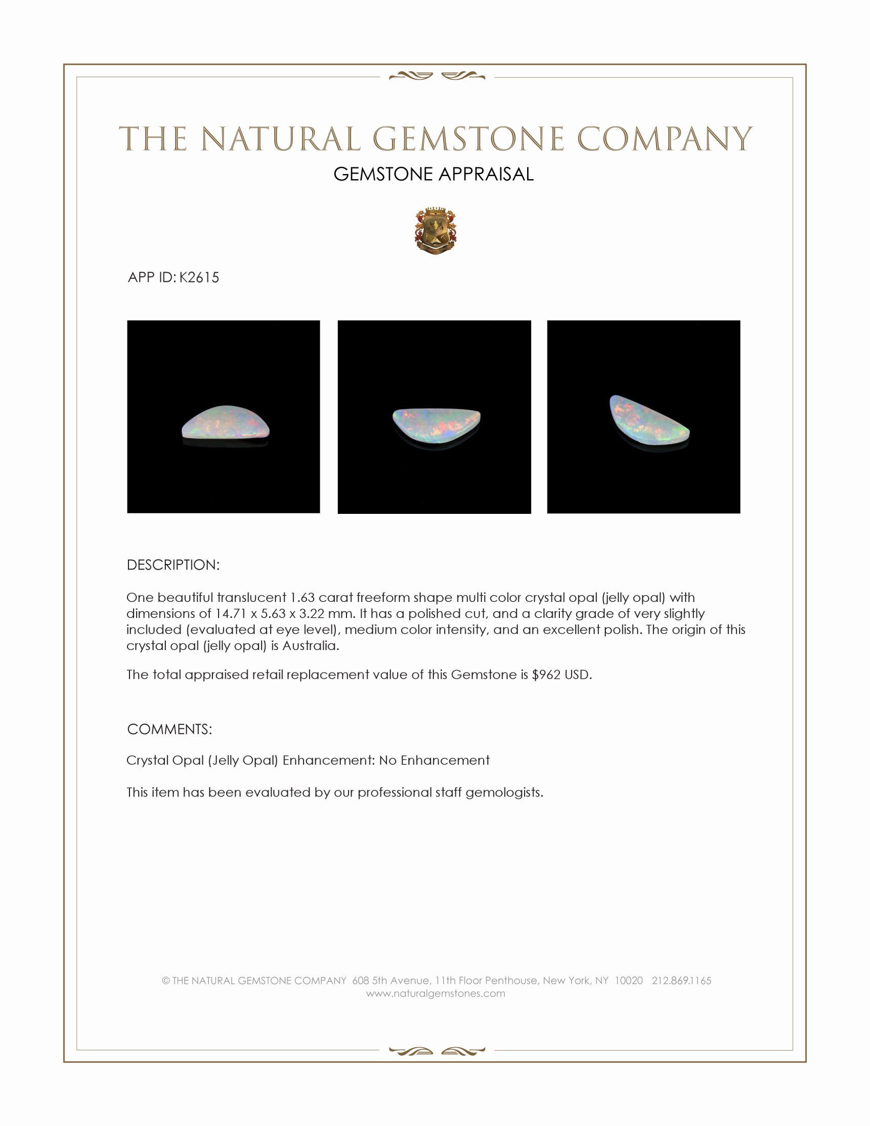 1.63 Ct. Multi Color Crystal Opal (Jelly Opal) from Australia