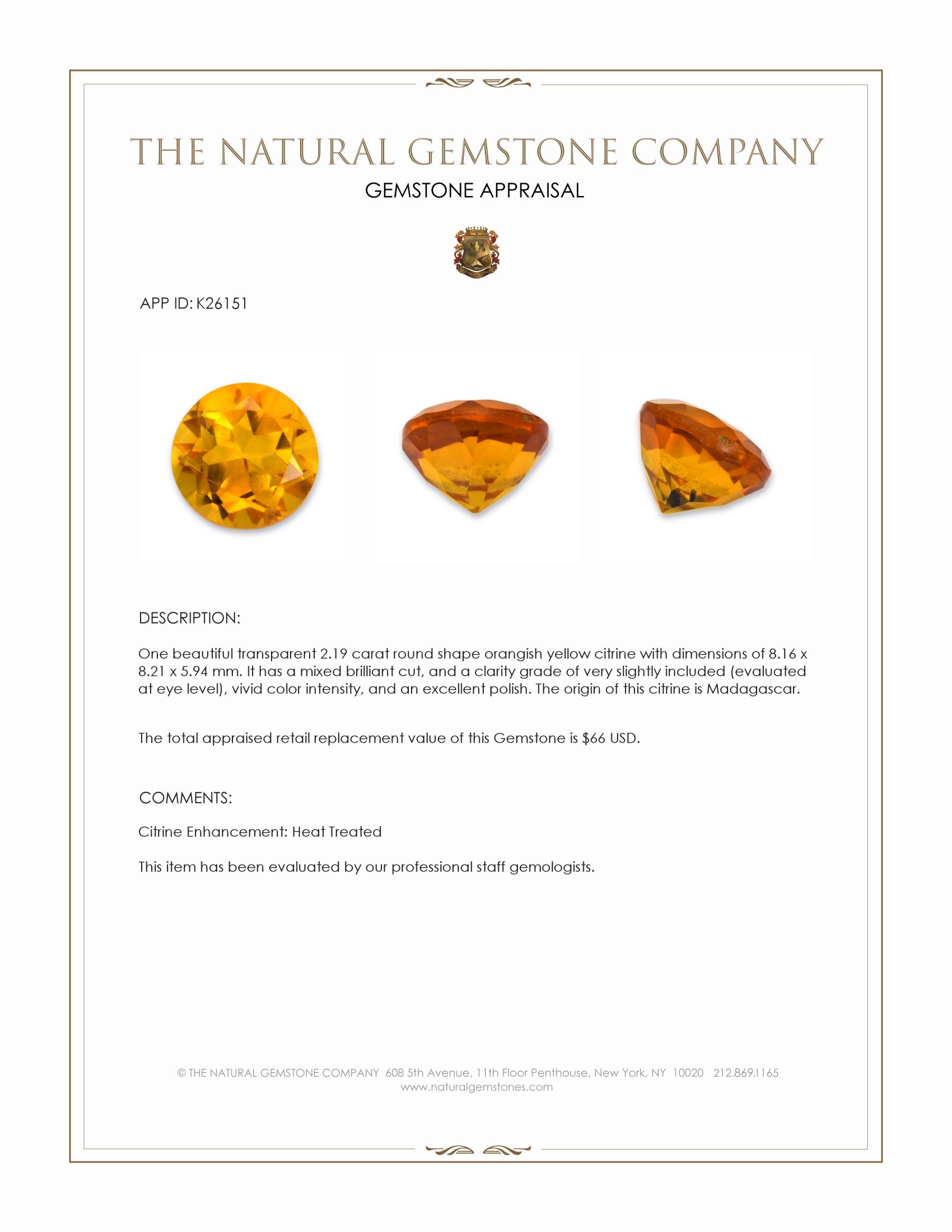 2.19 Ct. Orangish Yellow Citrine from Madagascar