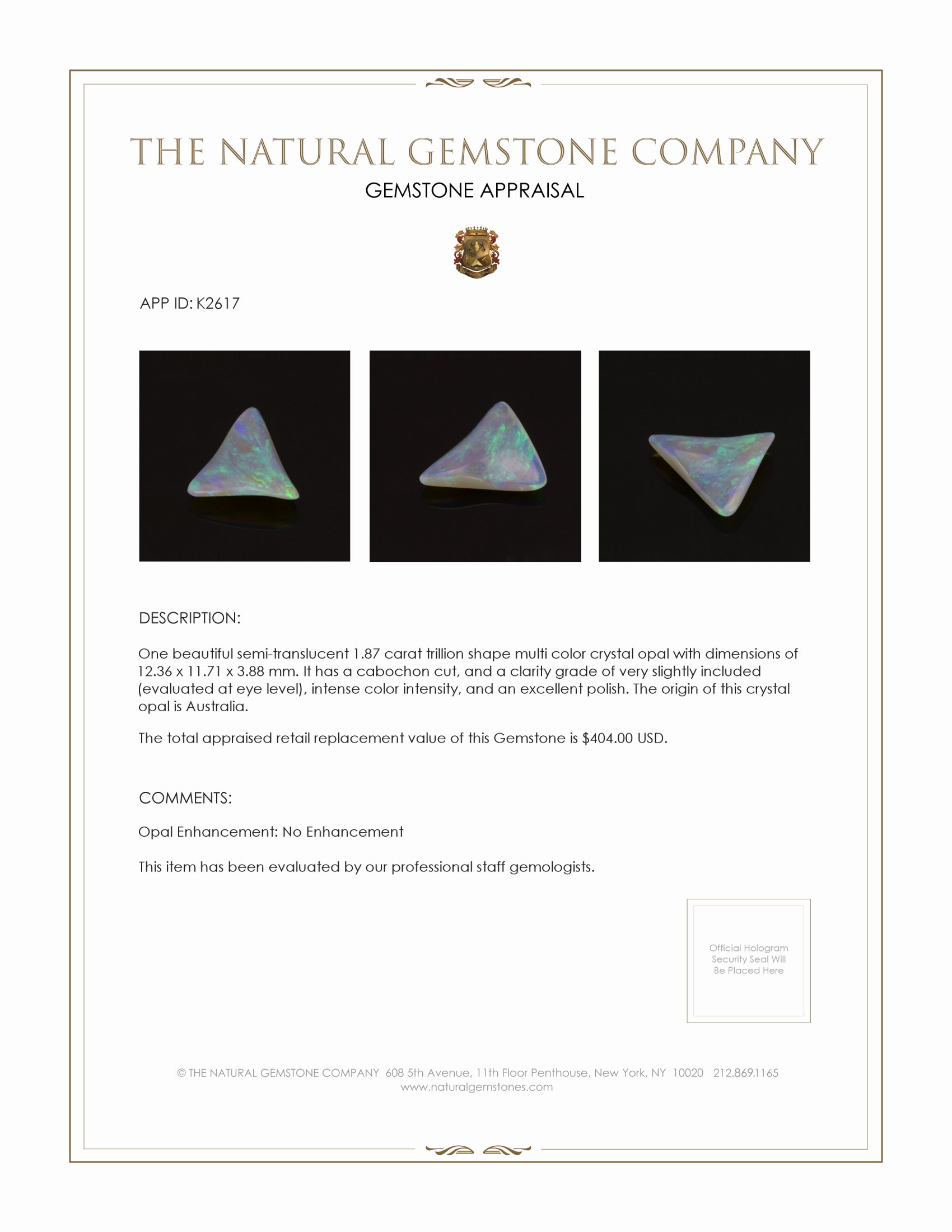 1.87 Ct. Cabochon Crystal/Jelly Opal from Australia