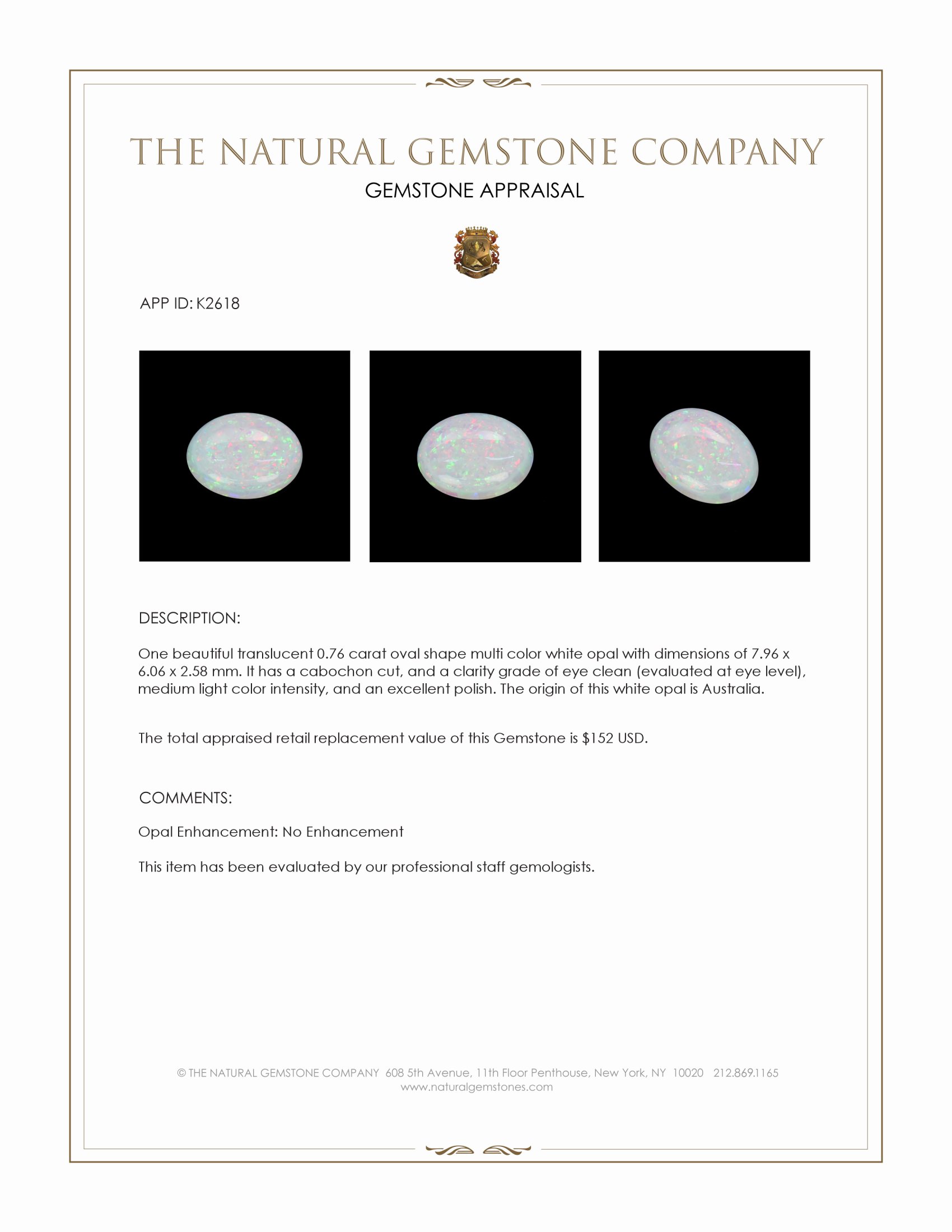 0.76 Ct. Cabochon White Opal from Australia