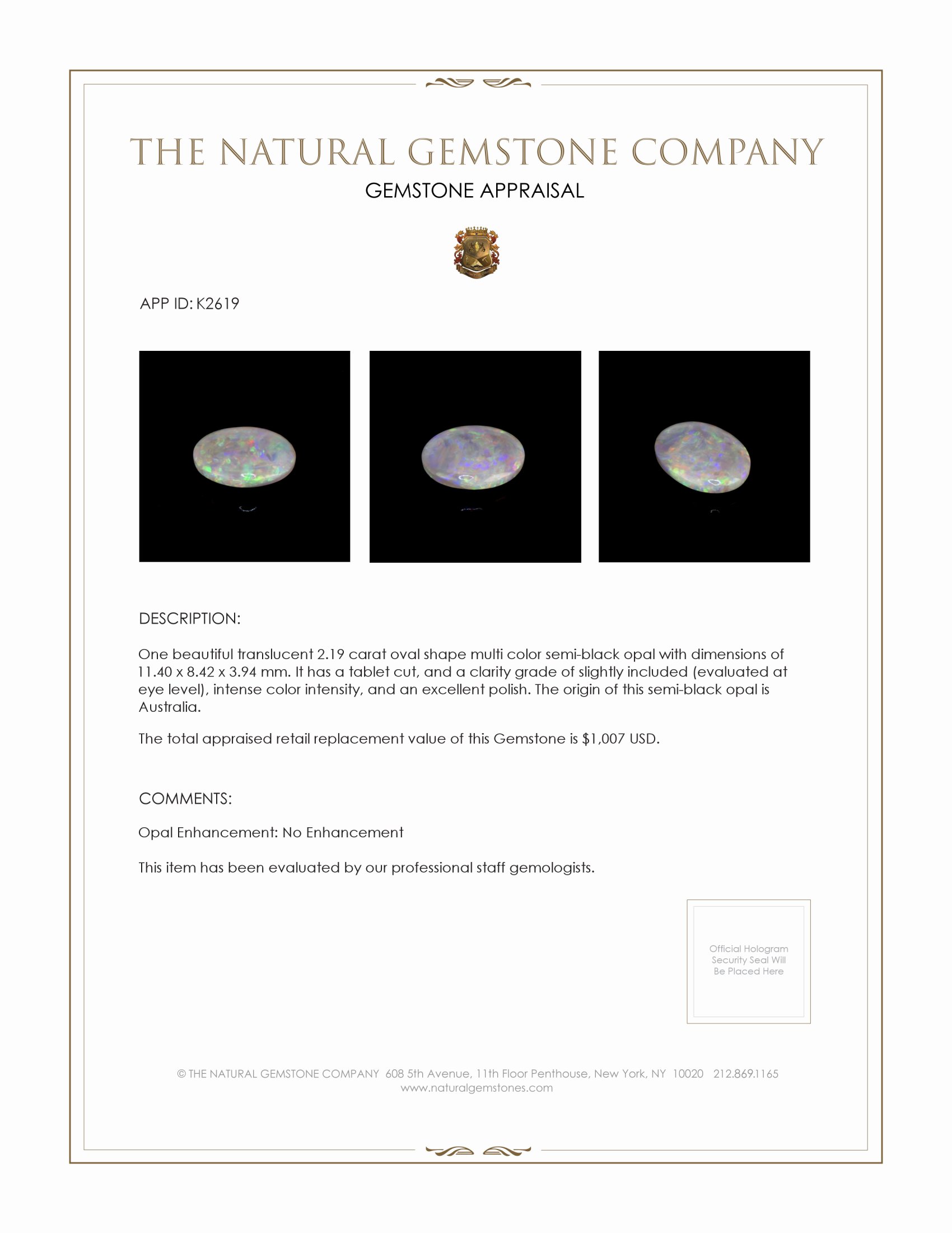 2.19 Ct. Semi-Black Opal from Australia