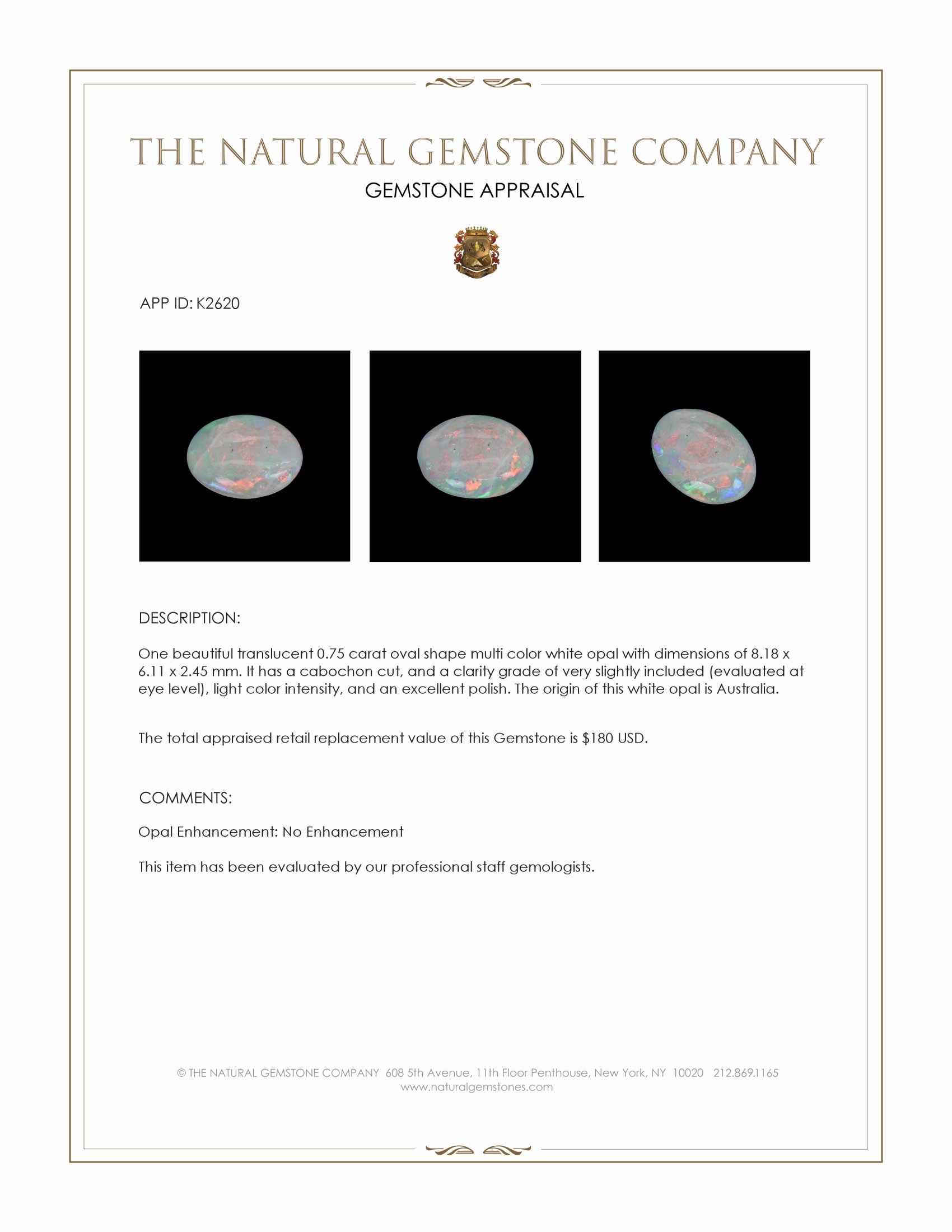 0.75 Ct. Cabochon White Opal from Australia