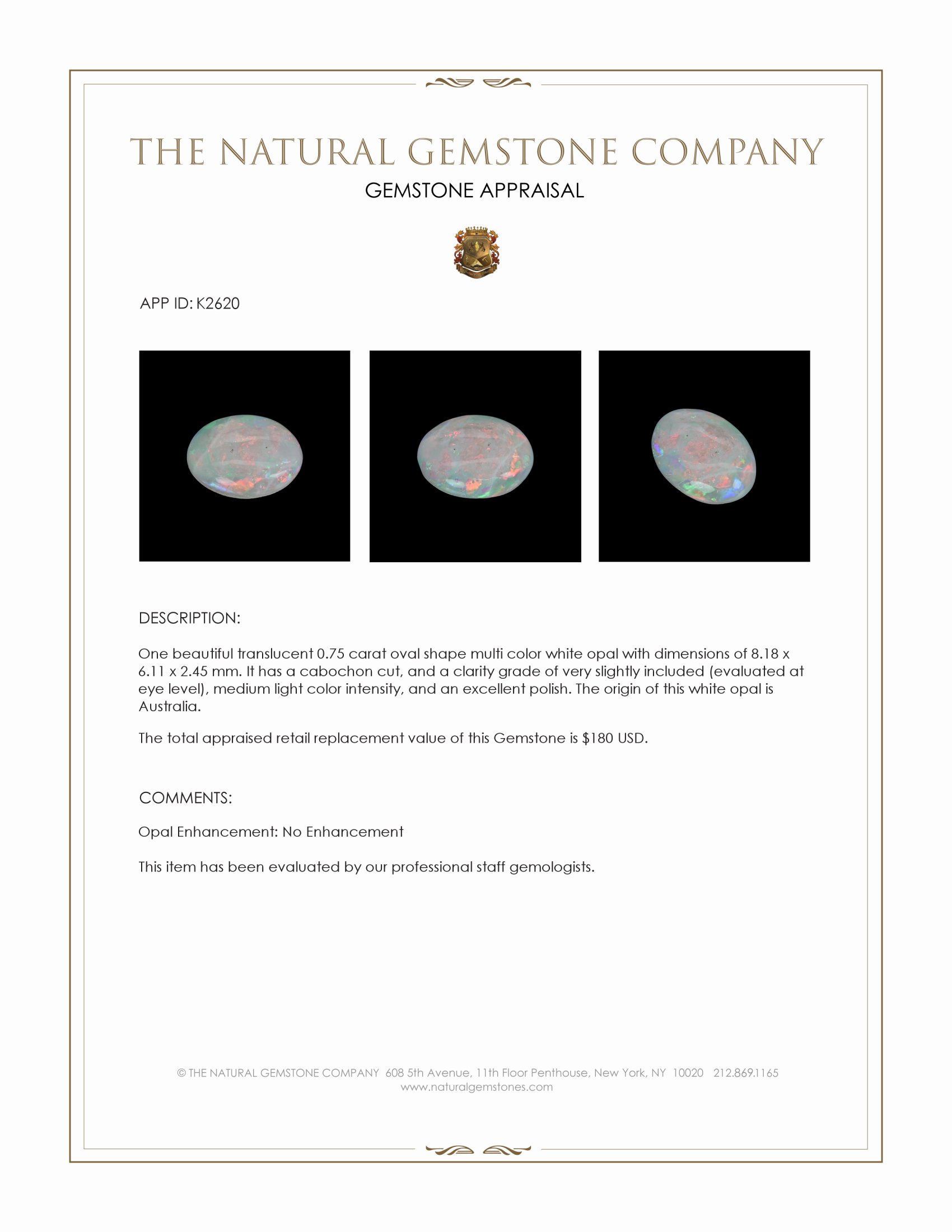 0.75 Ct. Cabochon White Opal from Australia