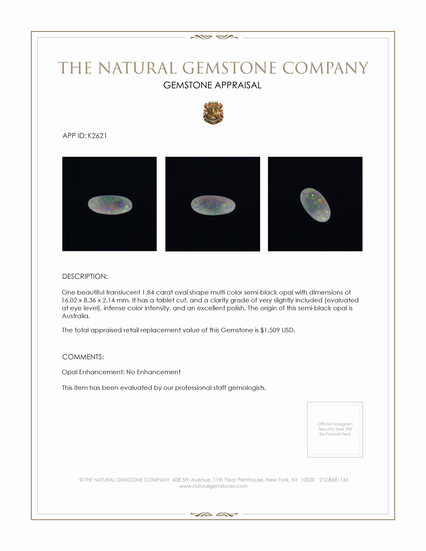 1.84 Ct. Semi-Black Opal from Australia