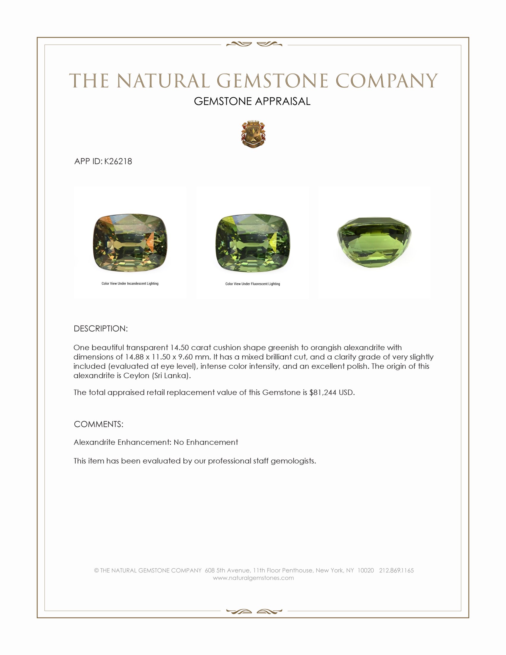 14.50 Ct. Alexandrite from Ceylon (Sri Lanka)