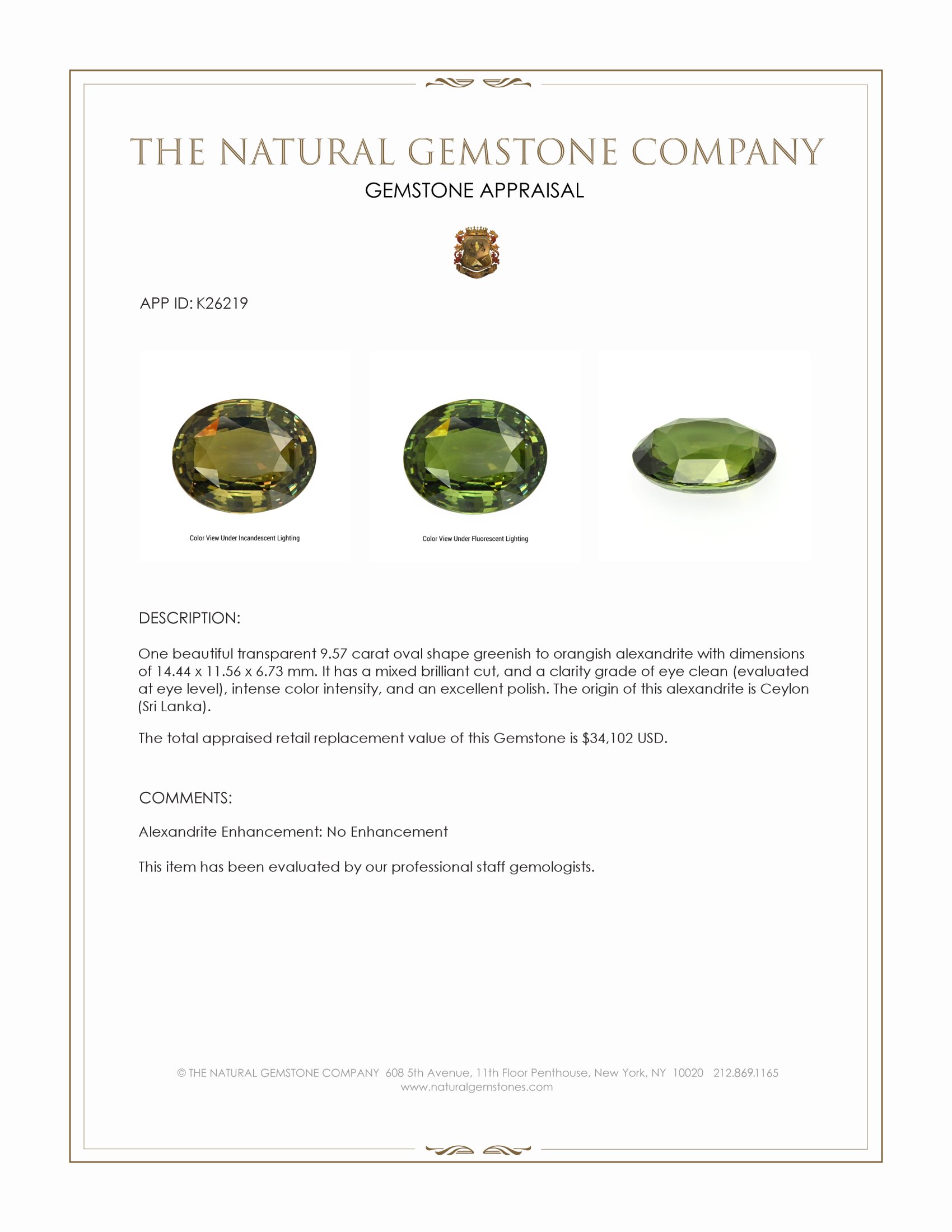 9.57 Ct. Alexandrite from Ceylon (Sri Lanka)