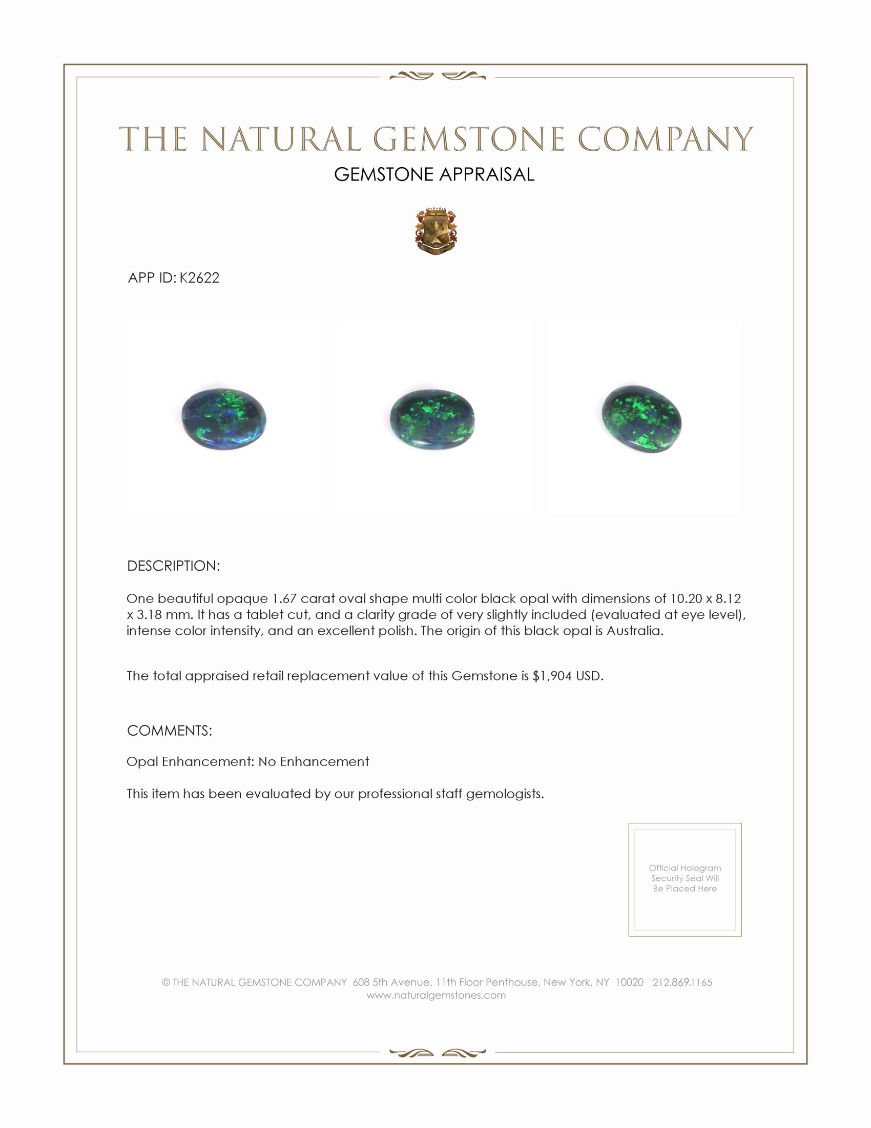 1.67 Ct. Multi Color Black Opal (Dark Opal) from Australia