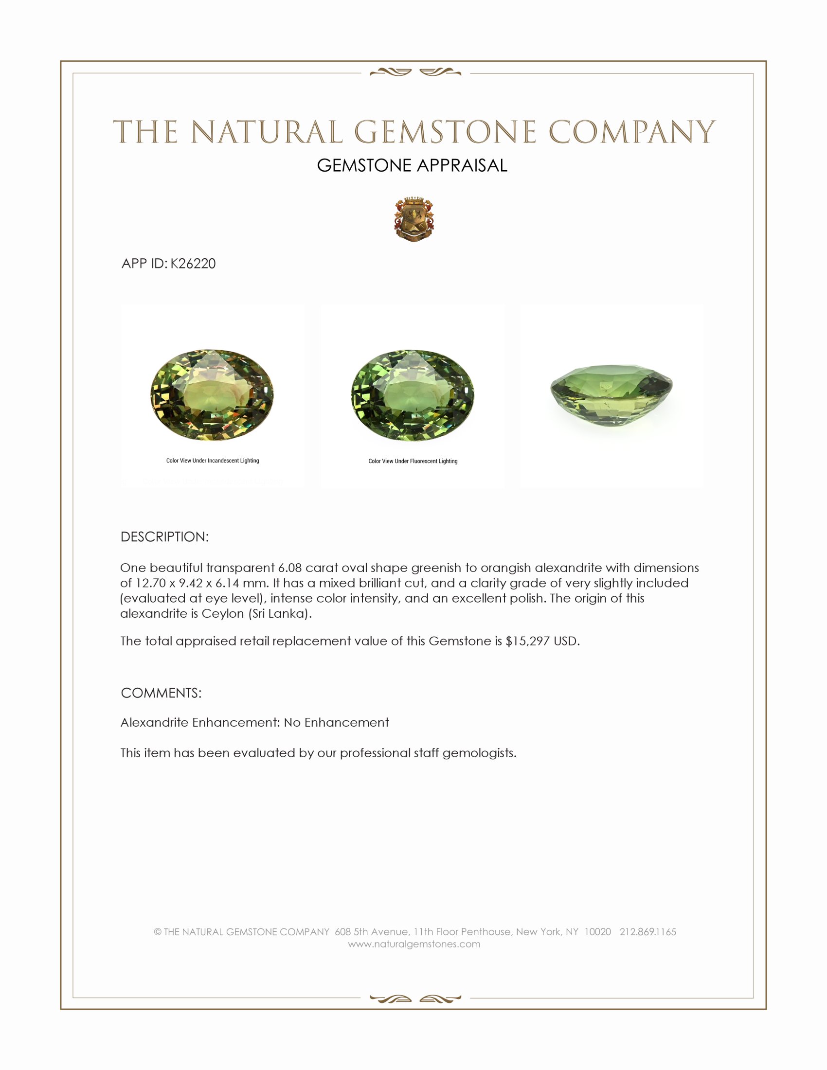 6.08 Ct. Alexandrite from Ceylon (Sri Lanka)
