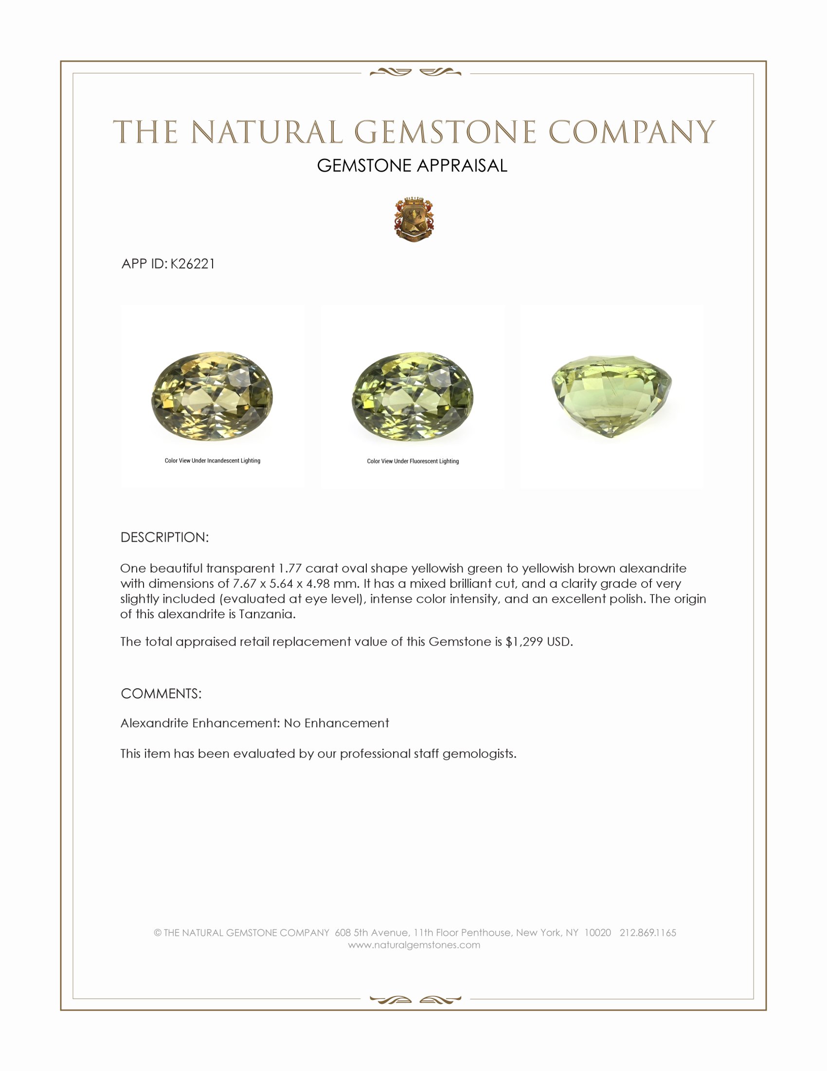 1.77 Ct. Alexandrite from Tanzania