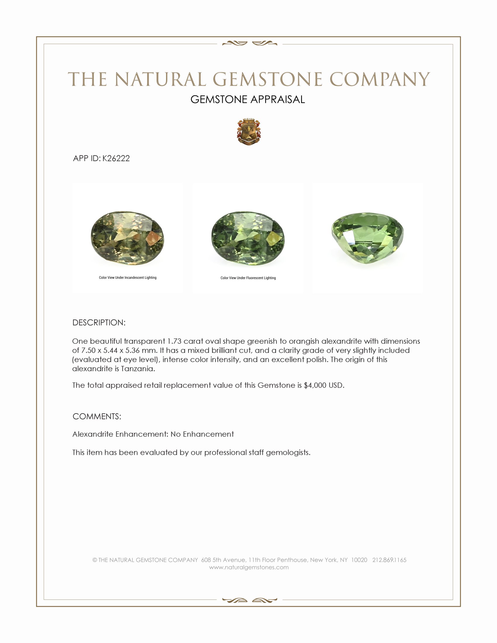 1.73 Ct. Alexandrite from Tanzania