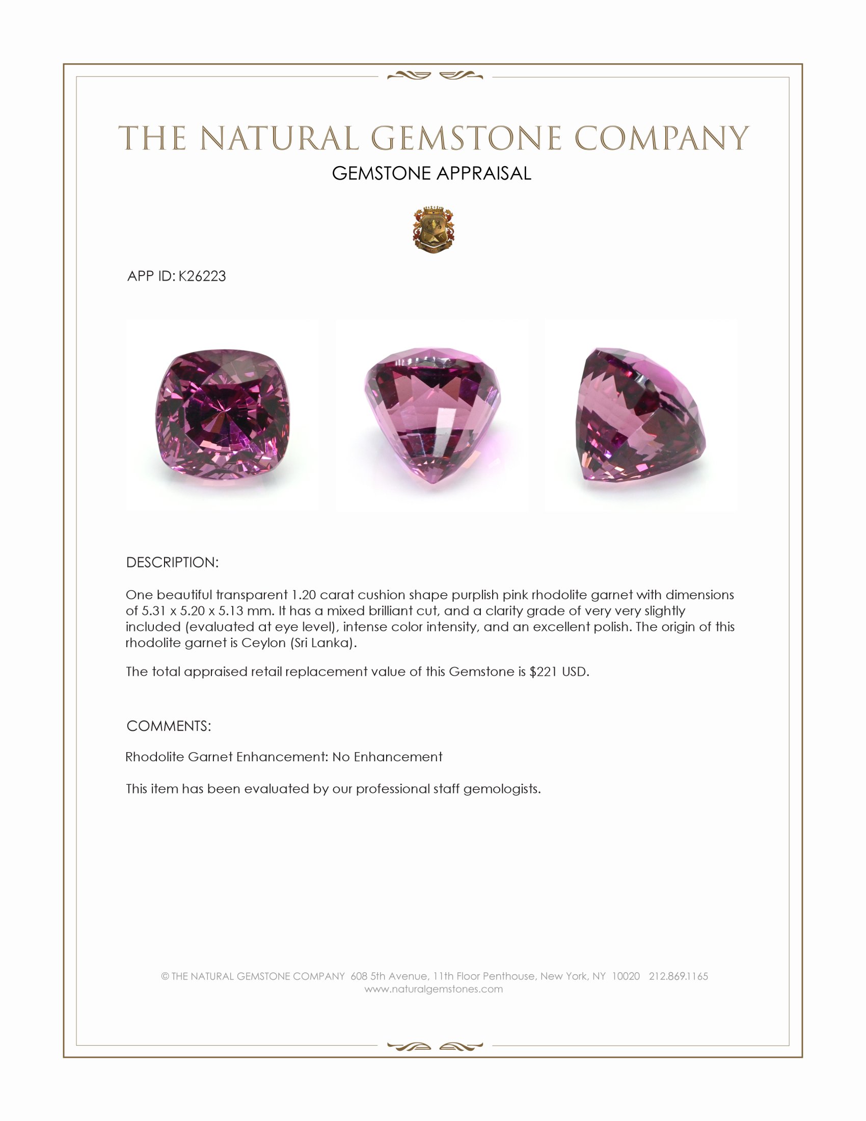 1.20 Ct. Purplish Pink Rhodolite Garnet from Ceylon (Sri Lanka)