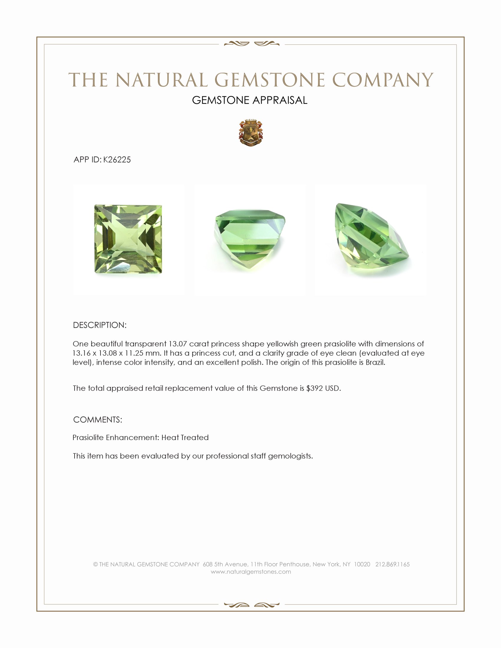 13.07 Ct. Yellowish Green Prasiolite from Brazil