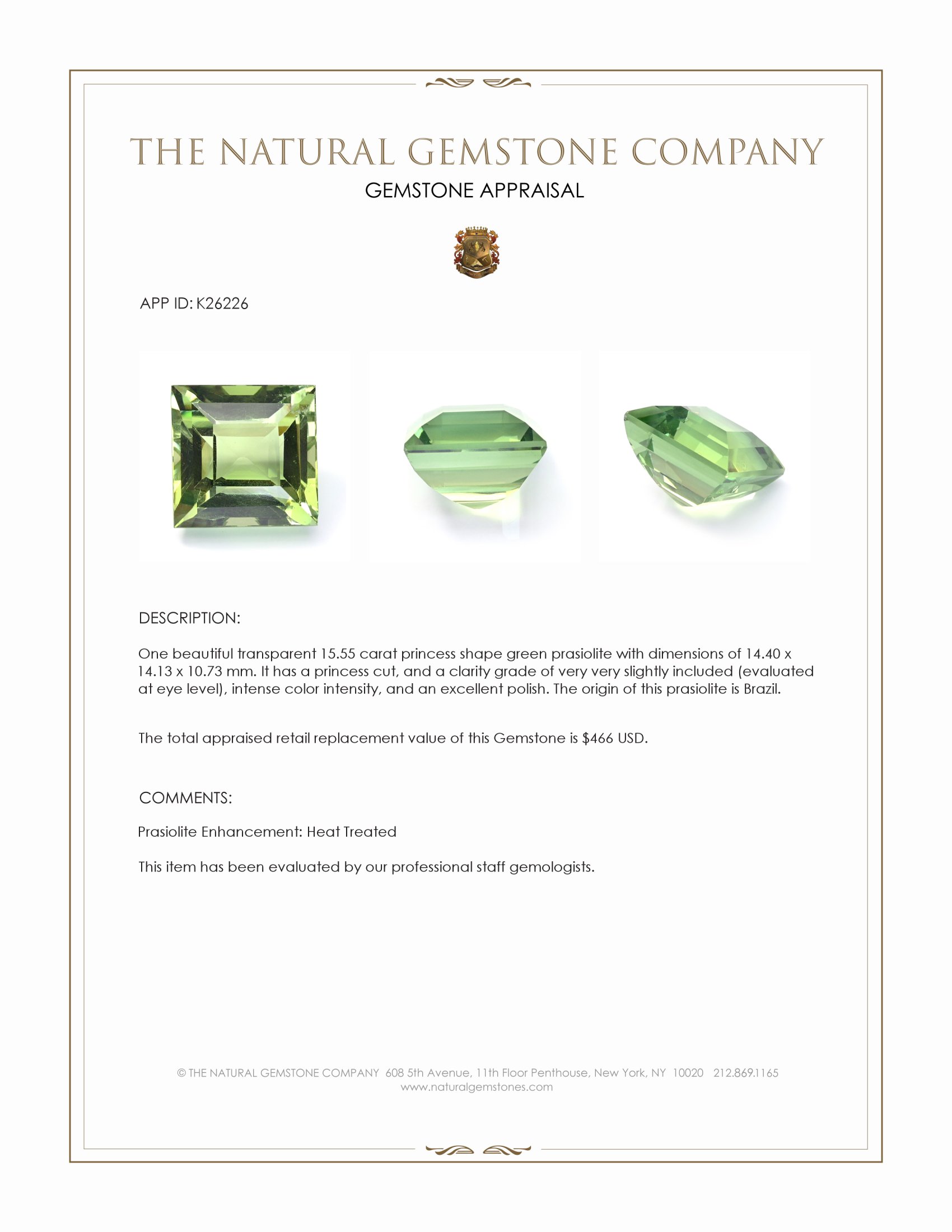 15.55 Ct. Green Prasiolite from Brazil