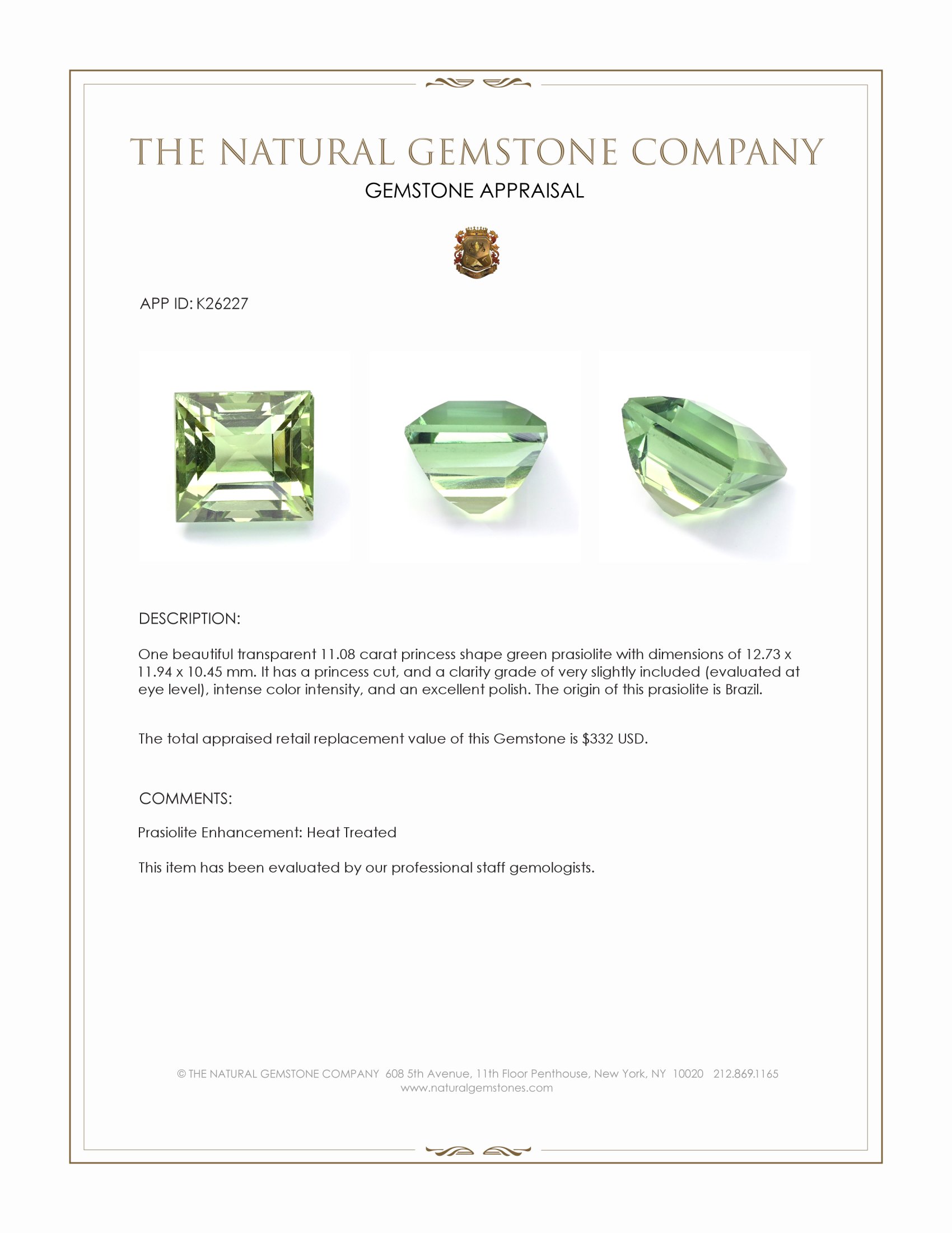 11.08 Ct. Green Prasiolite from Brazil