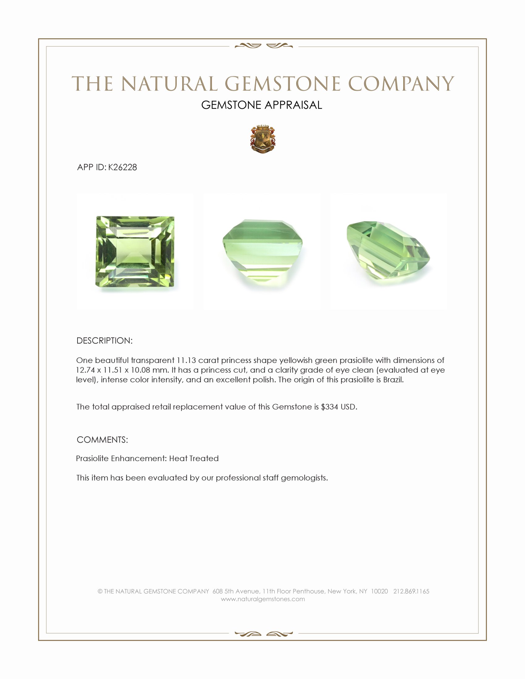 11.13 Ct. Yellowish Green Prasiolite from Brazil