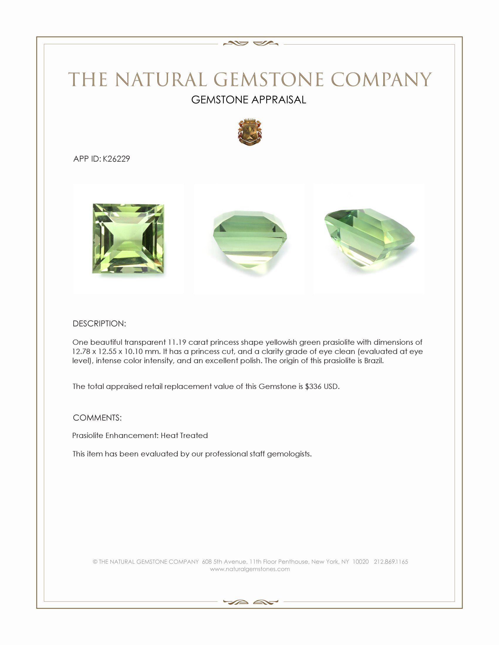 11.19 Ct. Yellowish Green Prasiolite from Brazil