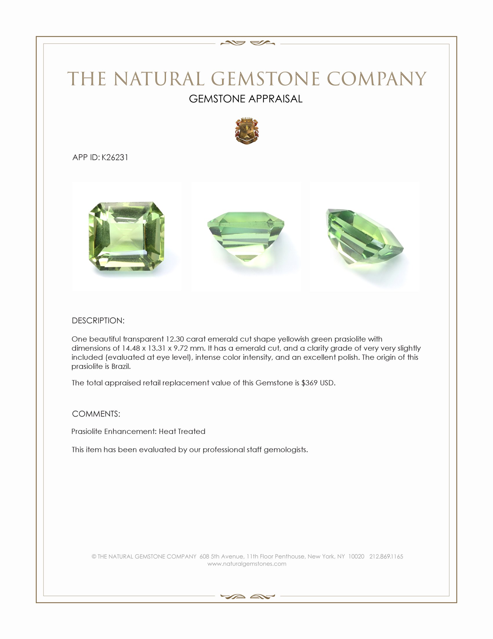 12.30 Ct. Yellowish Green Prasiolite from Brazil