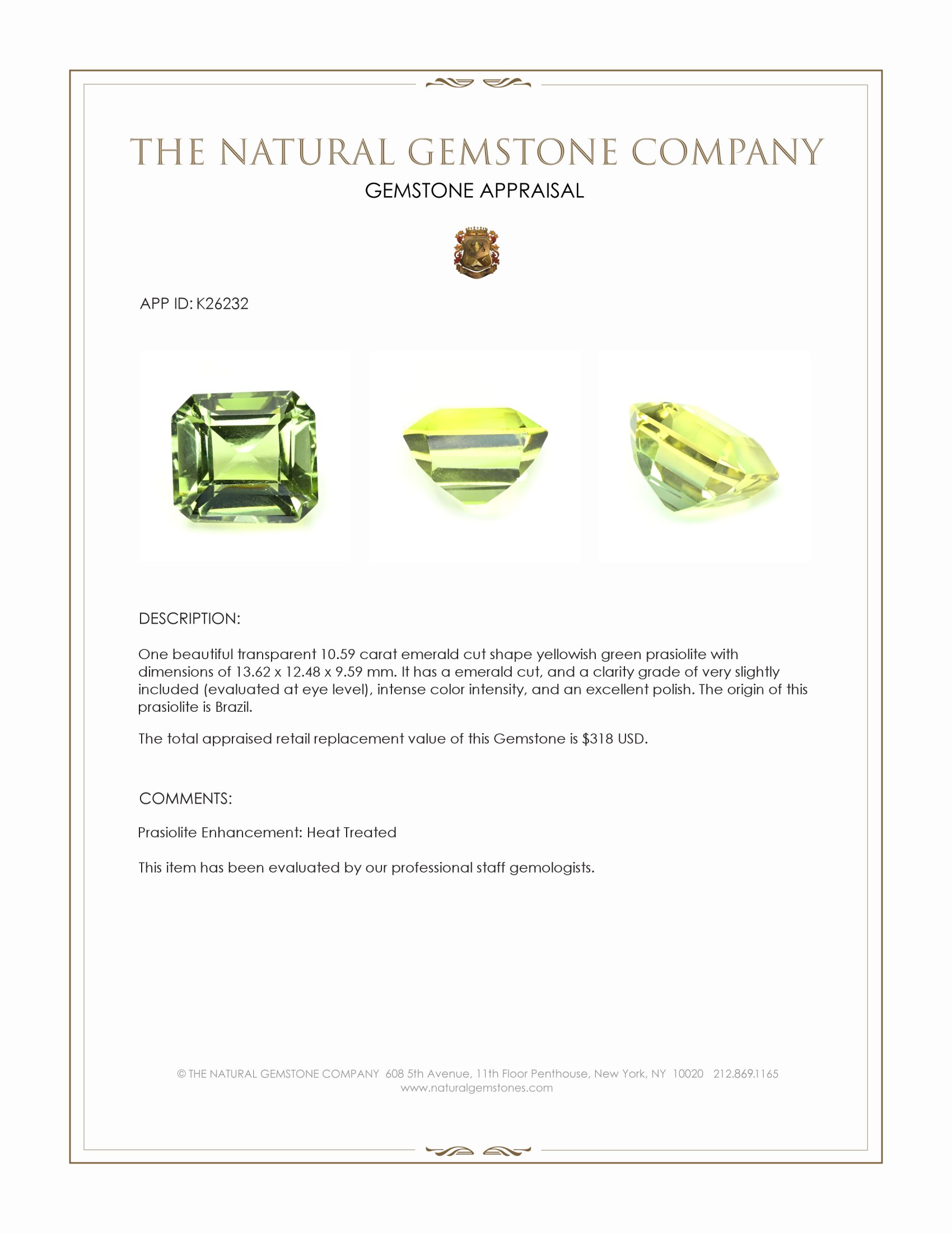 10.59 Ct. Yellowish Green Prasiolite from Brazil