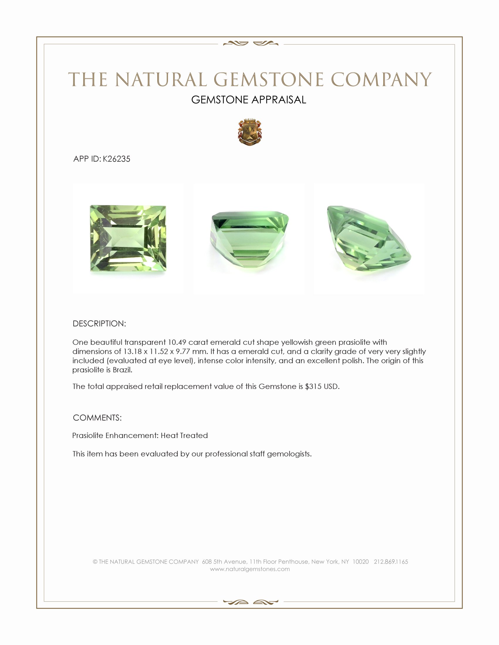 10.49 Ct. Yellowish Green Prasiolite from Brazil