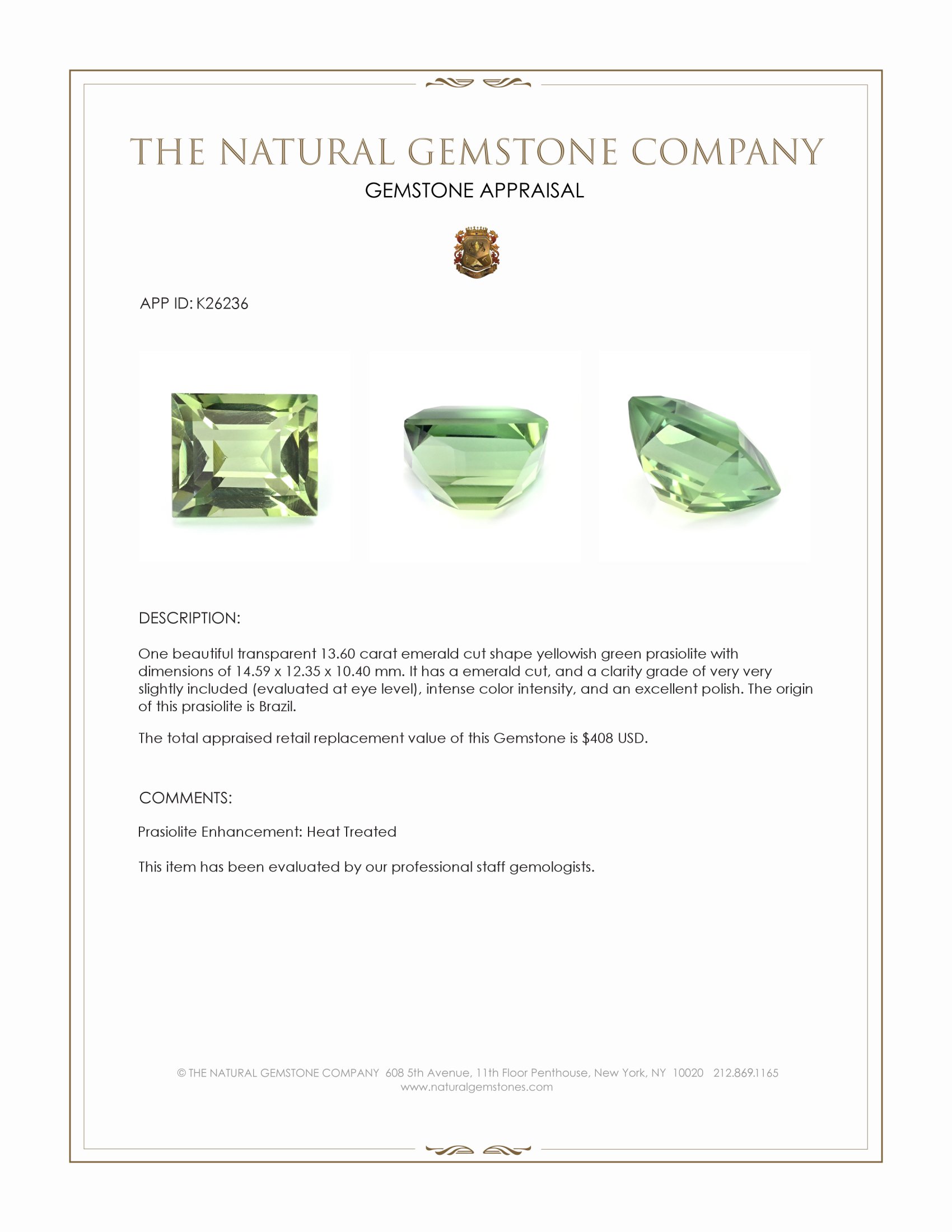 13.60 Ct. Yellowish Green Prasiolite from Brazil