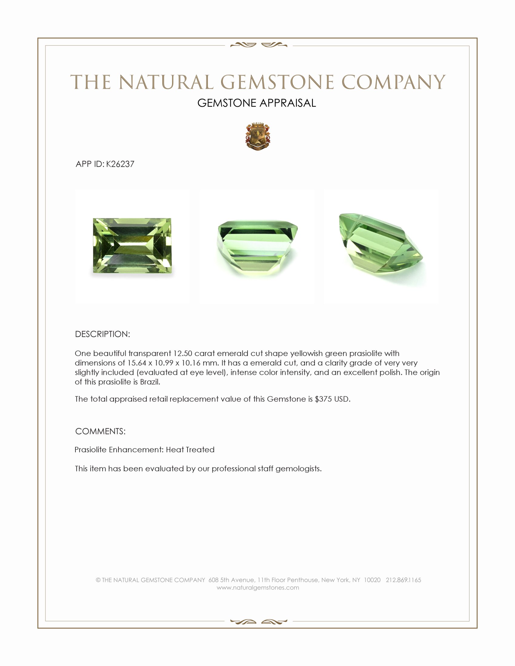 12.50 Ct. Yellowish Green Prasiolite from Brazil