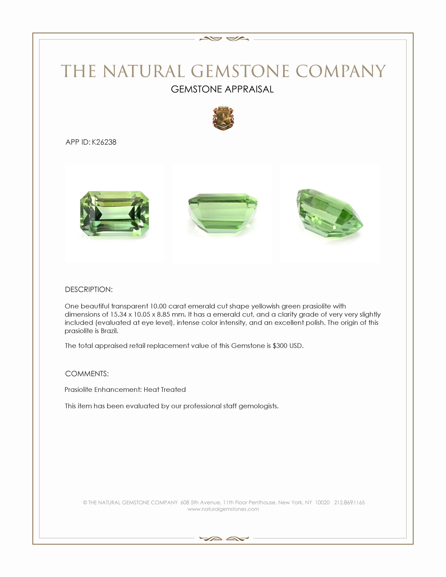 10.00 Ct. Yellowish Green Prasiolite from Brazil