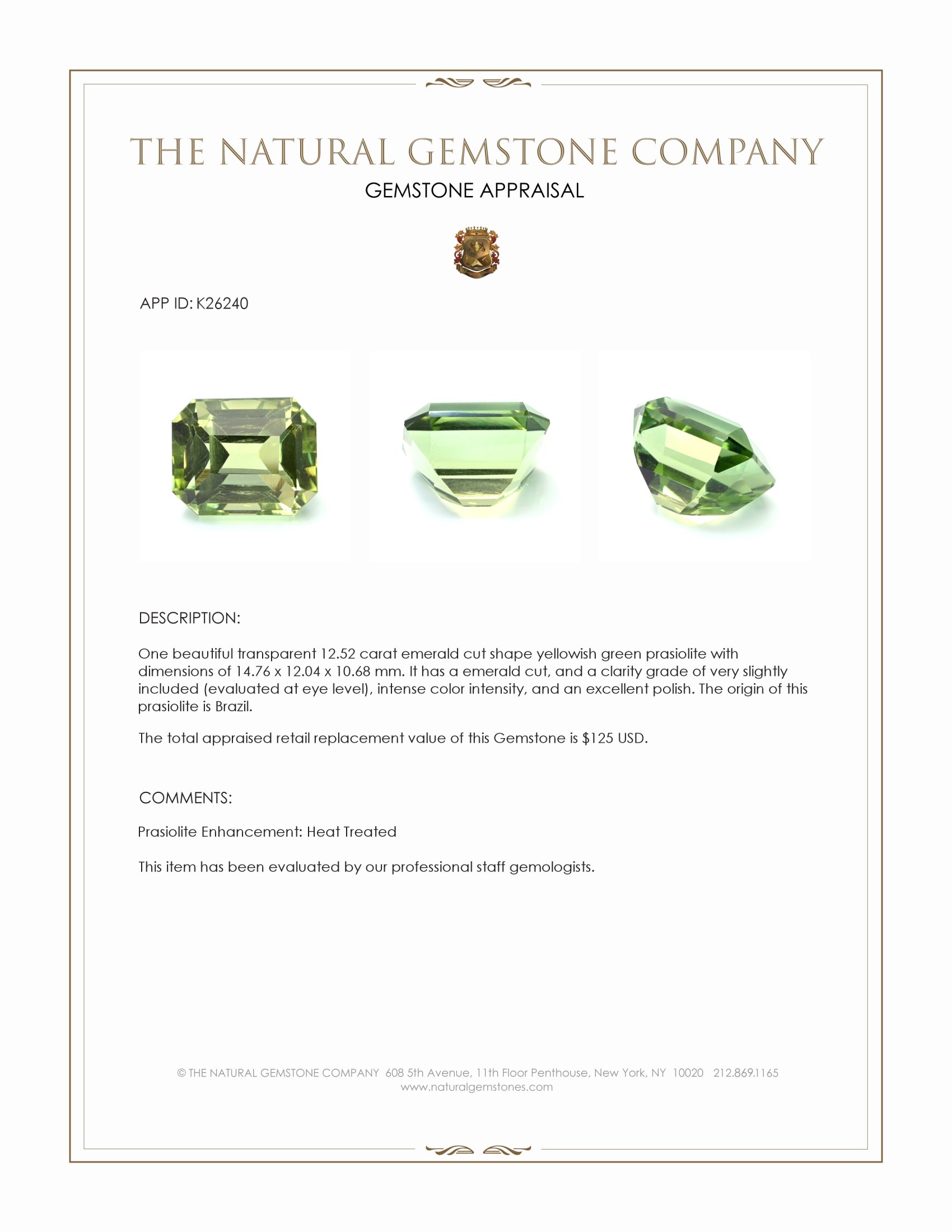 12.52 Ct. Yellowish Green Prasiolite from Brazil