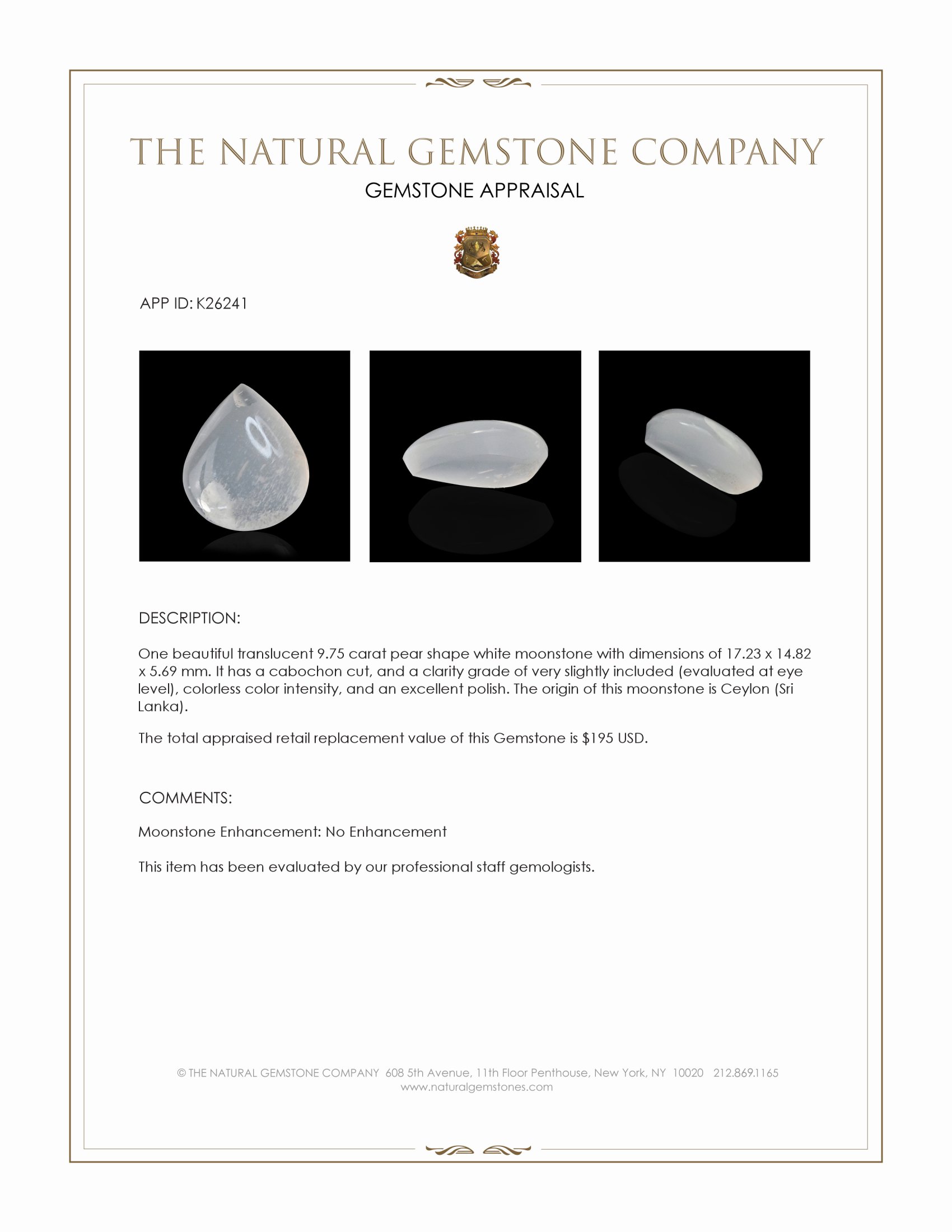 9.75 Ct. White Cabochon Moonstone from Ceylon (Sri Lanka)
