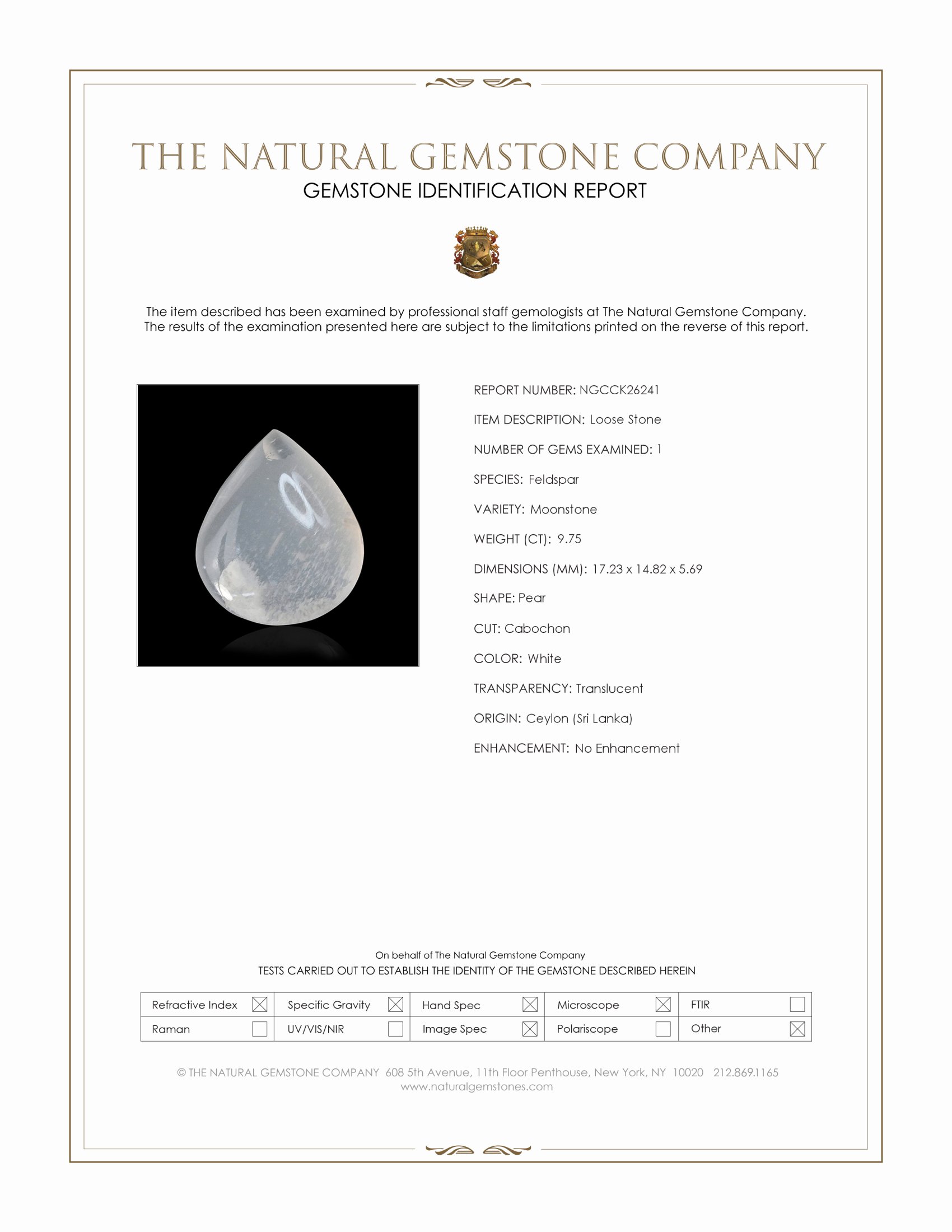 9.75 Ct. White Cabochon Moonstone from Ceylon (Sri Lanka)