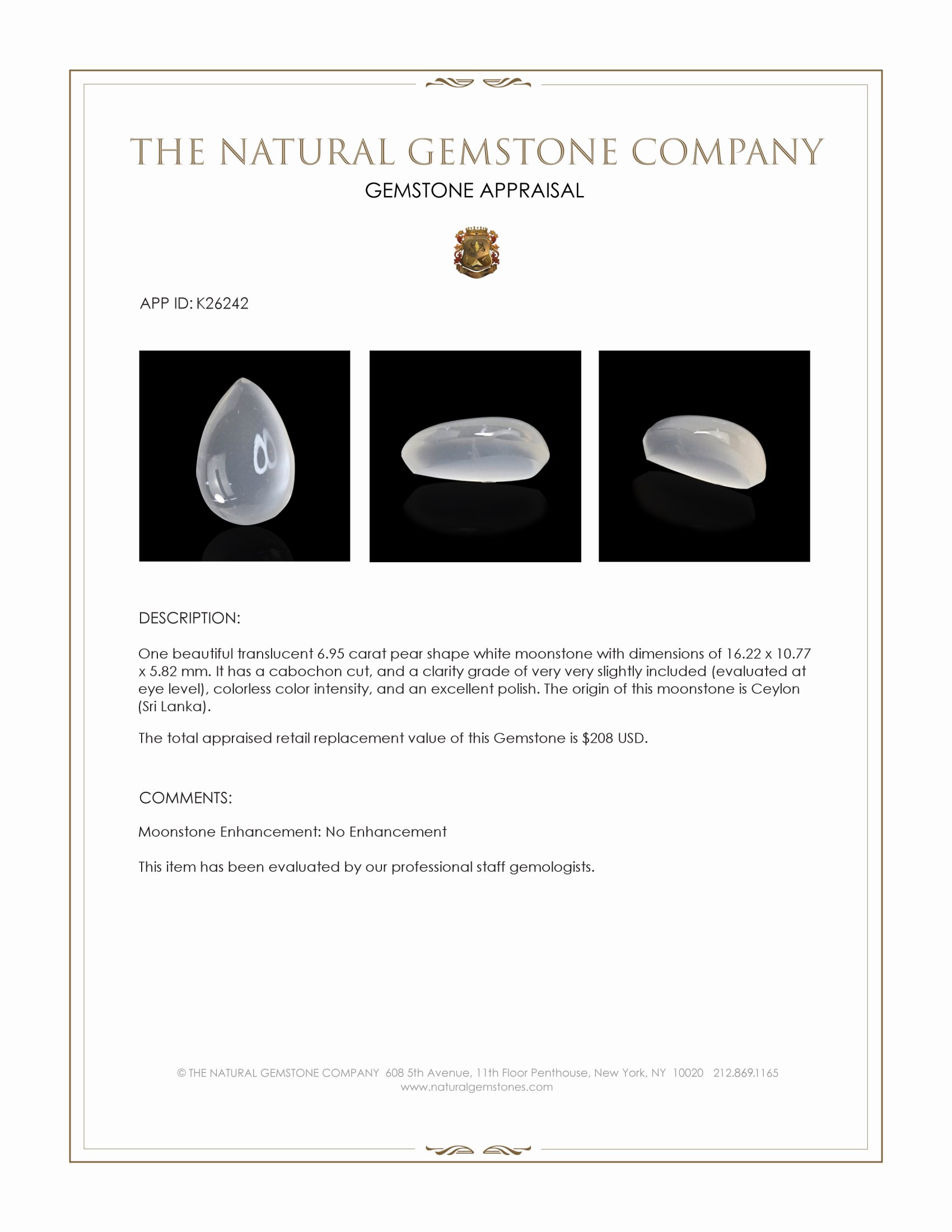 6.95 Ct. White Cabochon Moonstone from Ceylon (Sri Lanka)