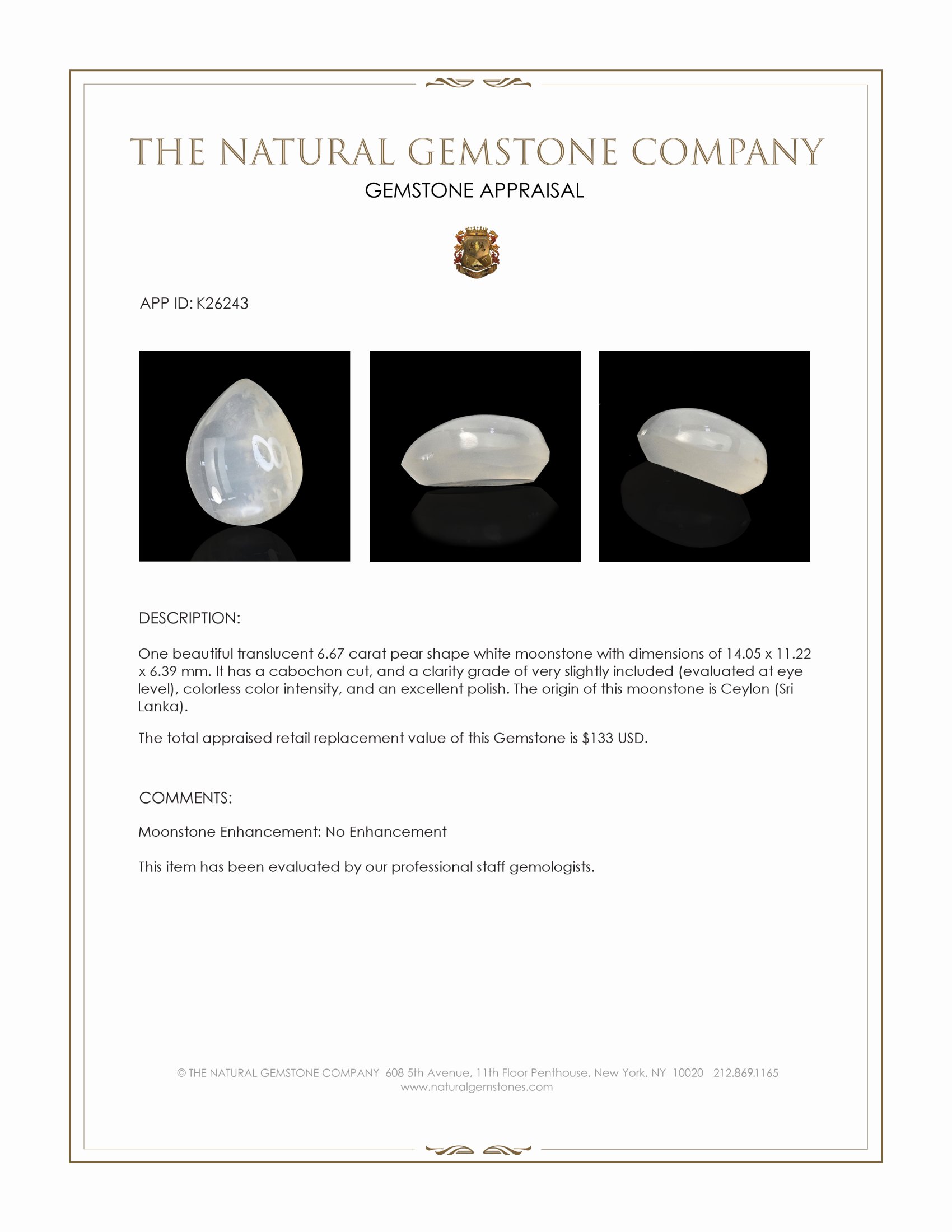 6.67 Ct. White Cabochon Moonstone from Ceylon (Sri Lanka)
