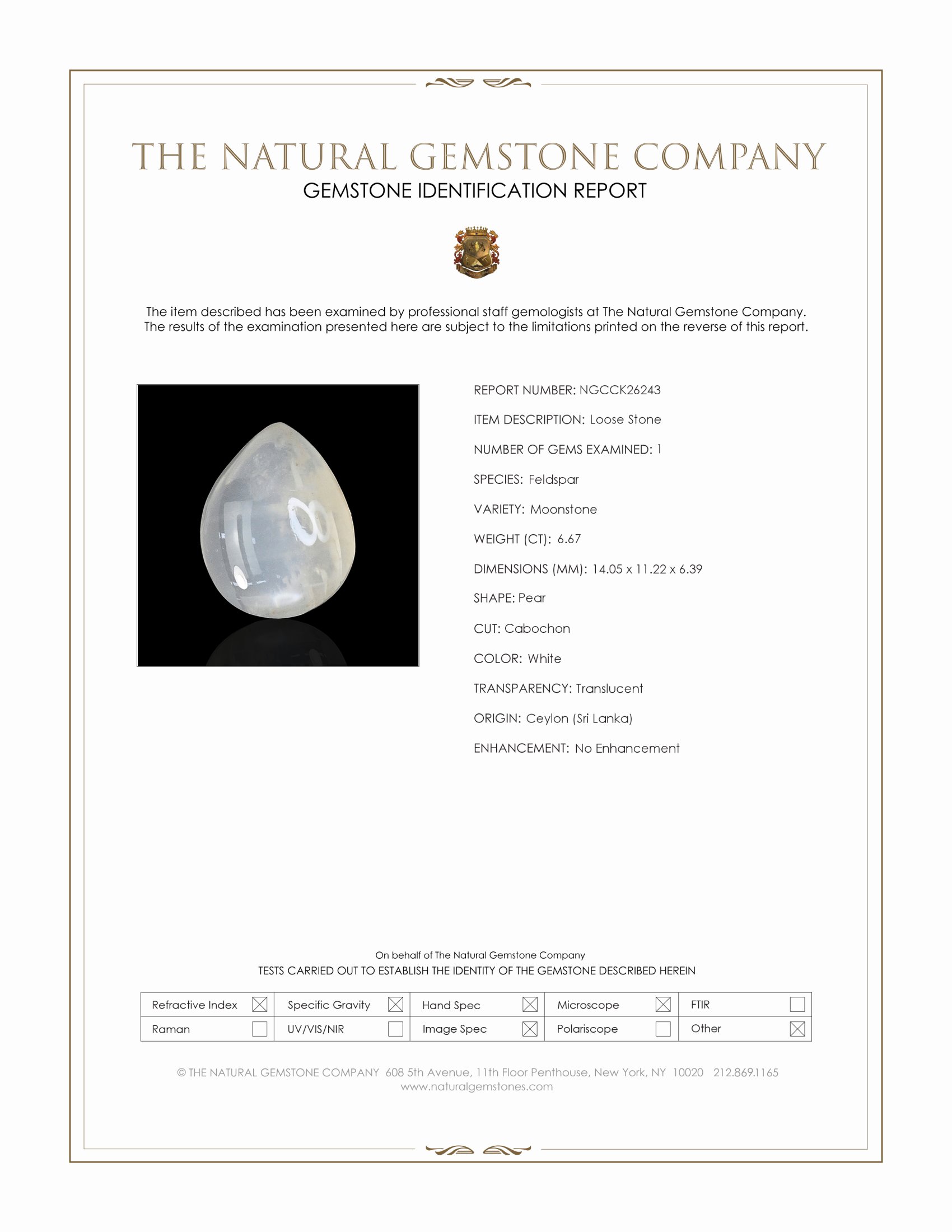 6.67 Ct. White Cabochon Moonstone from Ceylon (Sri Lanka)