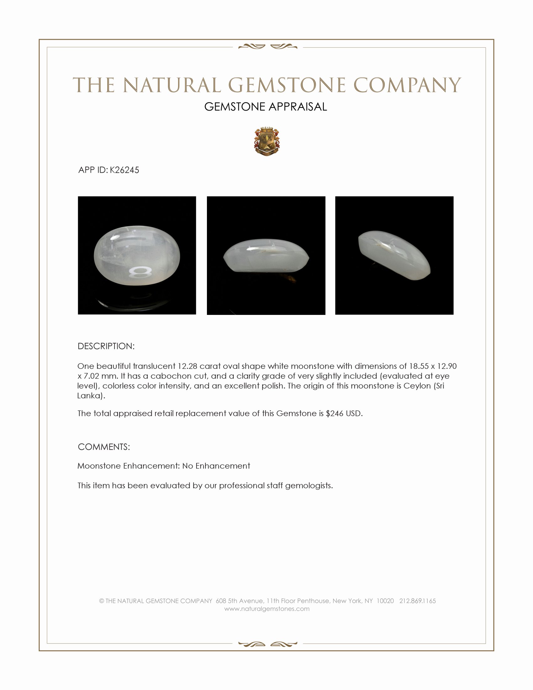 12.28 Ct. White Cabochon Moonstone from Ceylon (Sri Lanka)