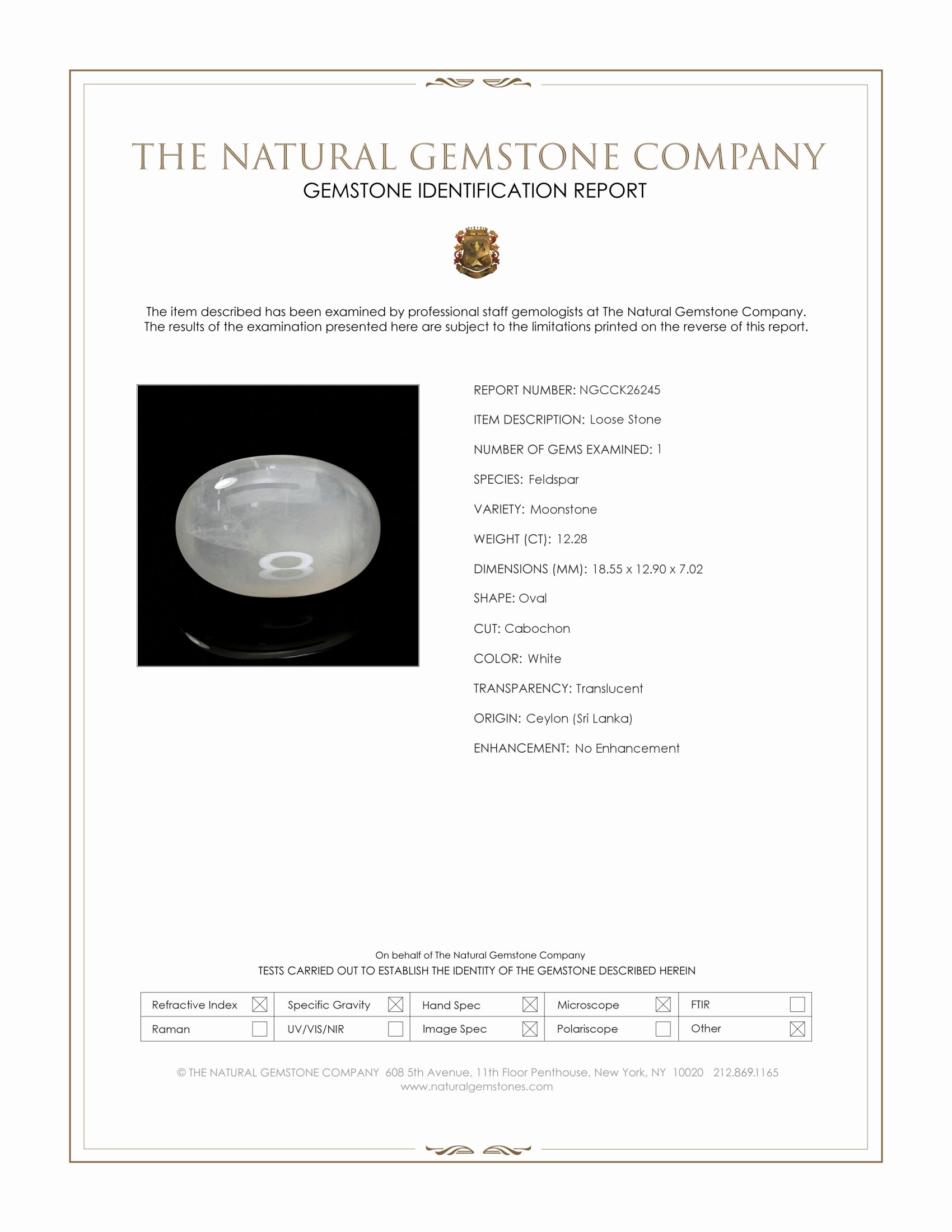 12.28 Ct. White Cabochon Moonstone from Ceylon (Sri Lanka)