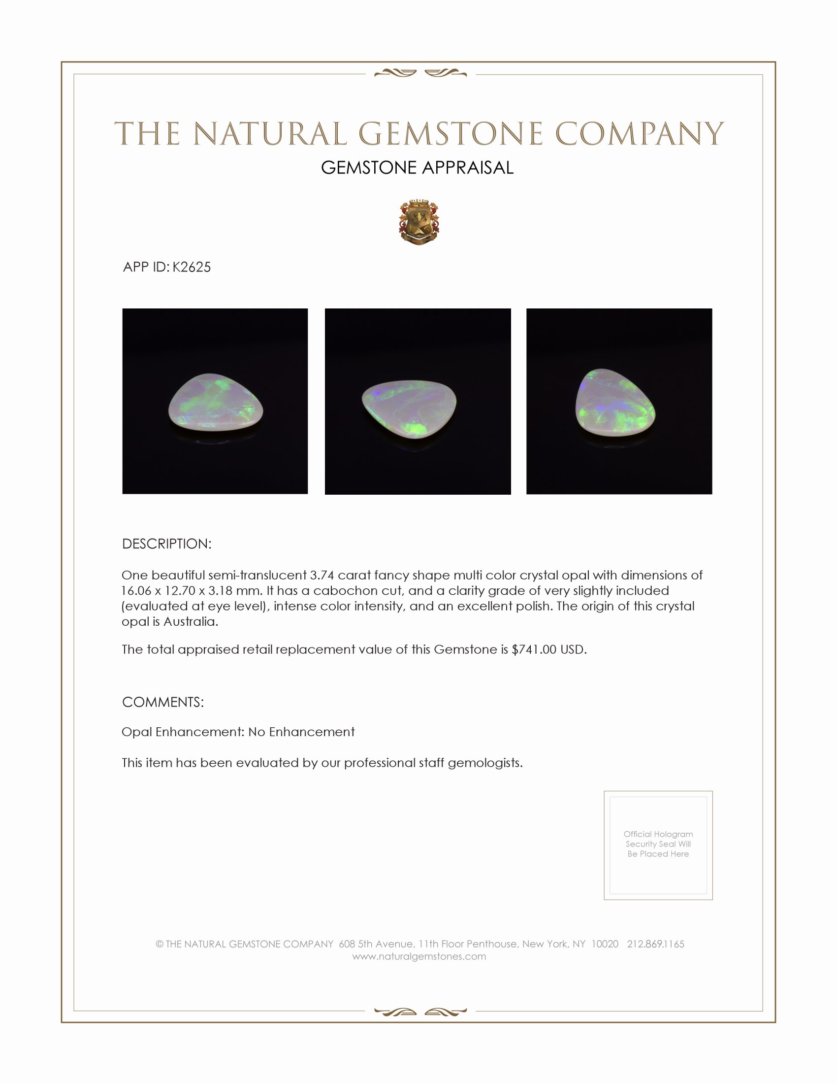 3.74 Ct. Cabochon Crystal/Jelly Opal from Australia